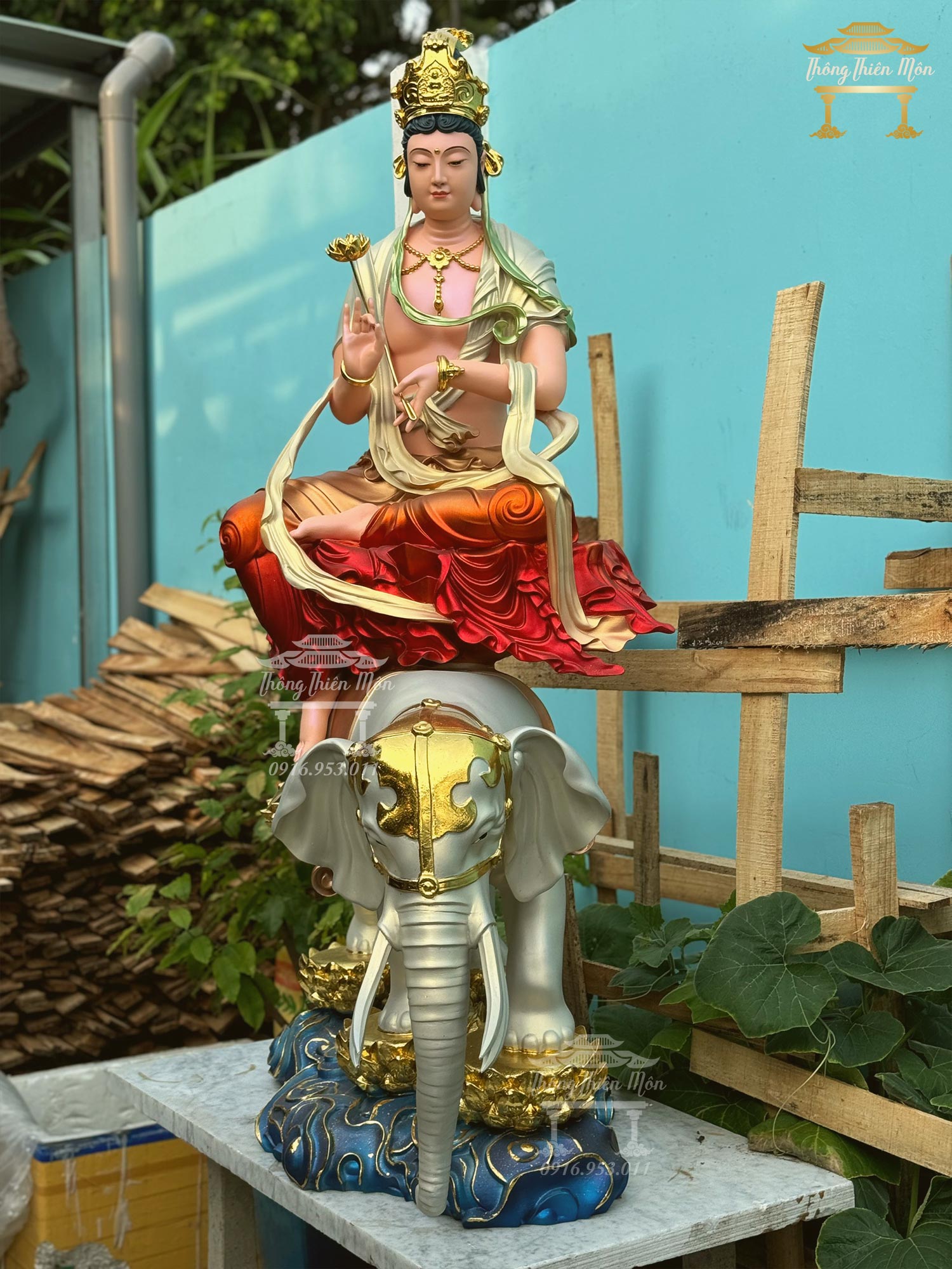 Tượng Văn Thù - Phổ Hiền Bồ Tát, Sơn khoáng phối màu, Kích thước 140cm