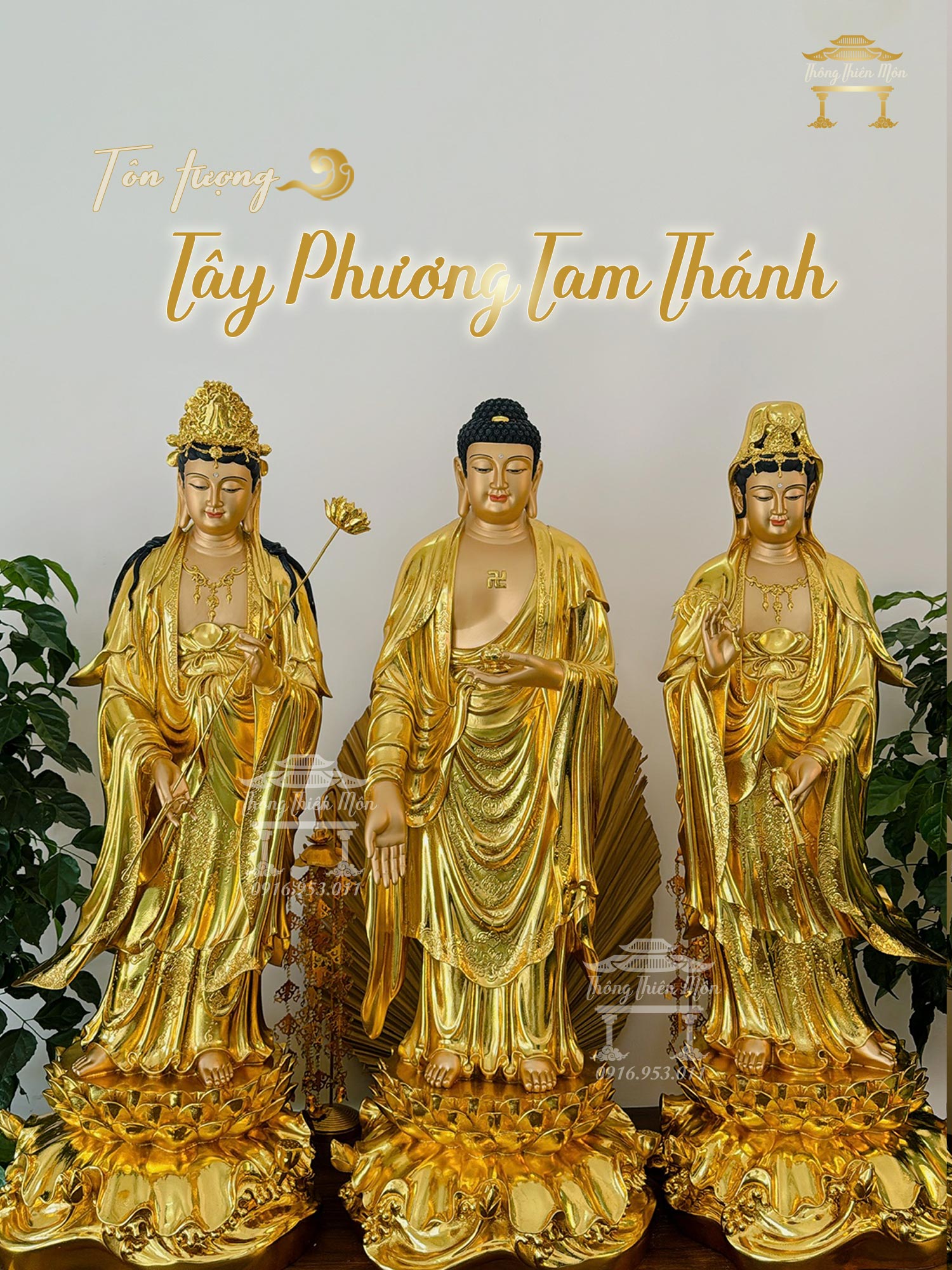 Tôn tượng Tây Phương Tam Thánh, kích thước 90cm, mạ vàng, sơn da giả đồng