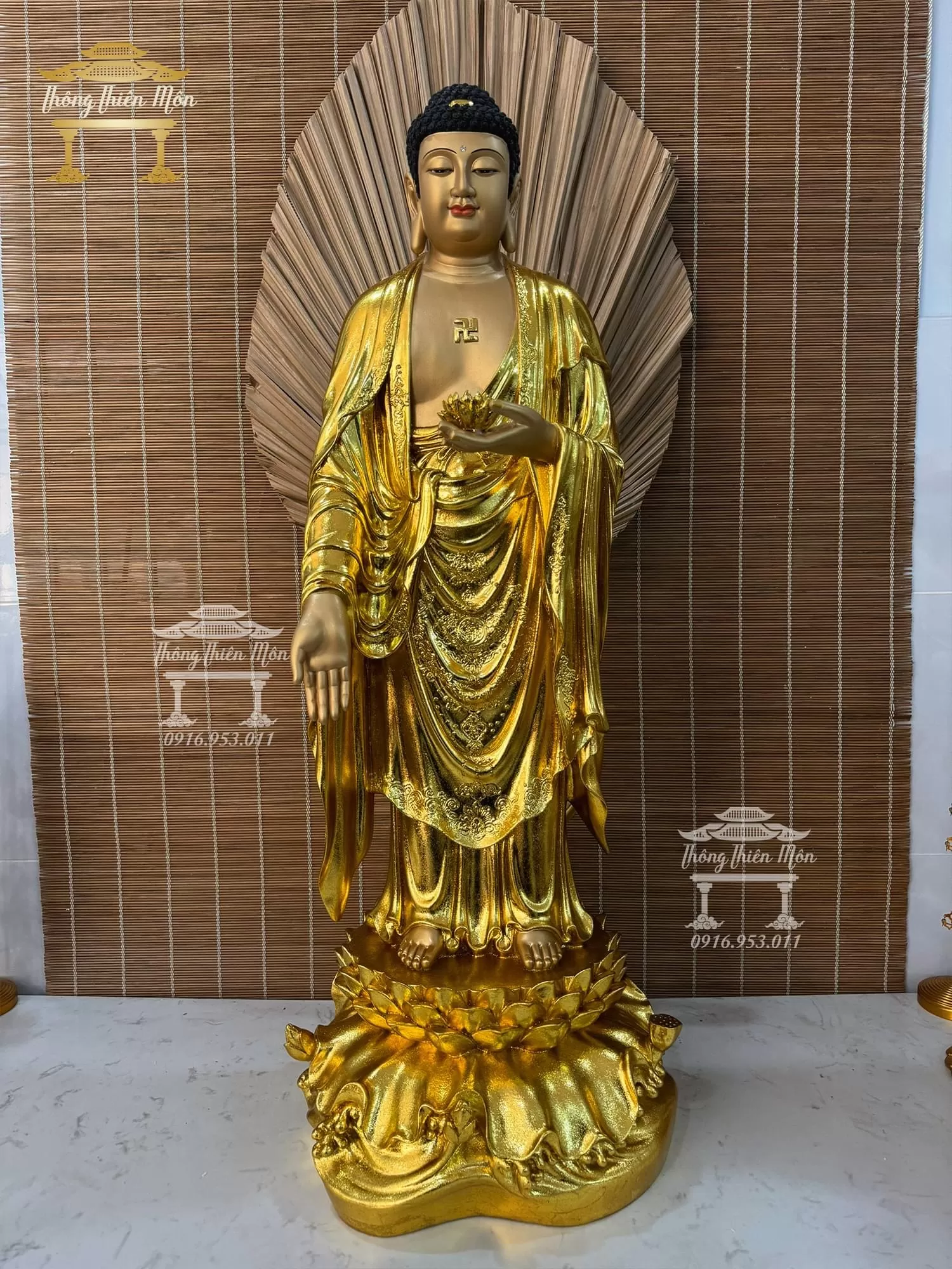 Tượng A Di Đà Phật cao 90cm - Mạ vàng, da giả đồng, dáng đứng