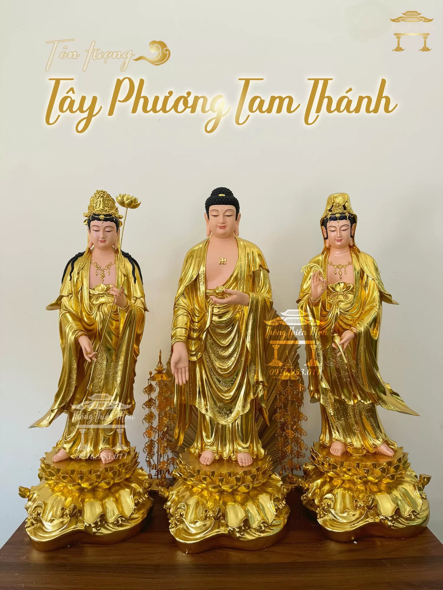 Tượng Tây Phương Tam Thánh, Mạ Vàng, Kích thước 90cm