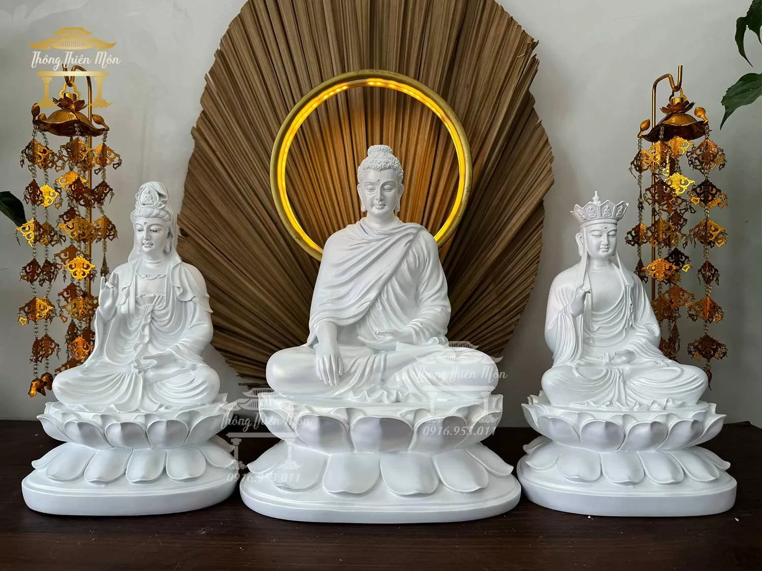 Tôn tượng Ta Bà Tam Thánh - Kích thước 30-32-30cm - Trắng ngọc trai
