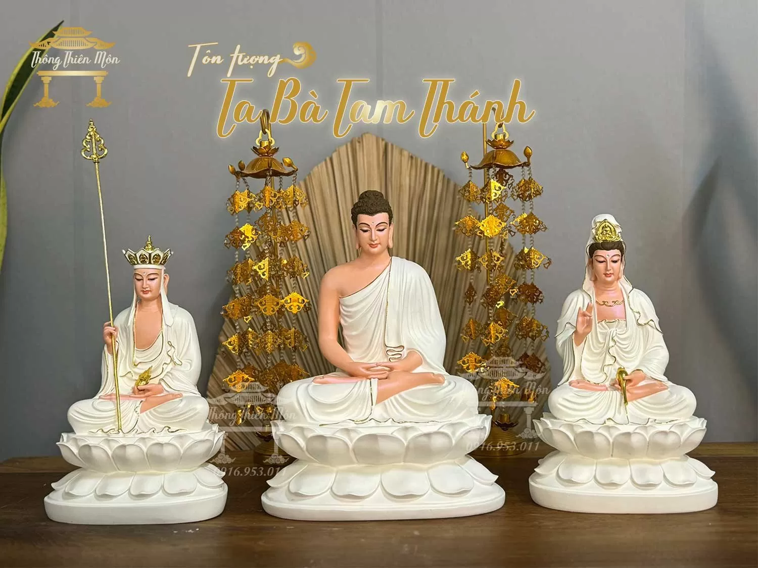 Tượng Ta Bà Tam Thánh - Kích thước 30cm - Sơn trắng, viền vàng, vẽ diện