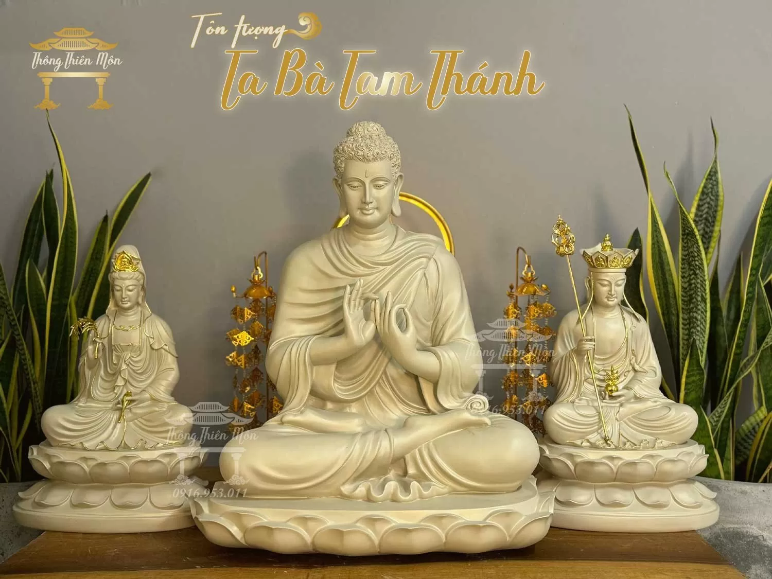 Tượng Ta Bà Tam Thánh, Kích thước 45-70-45cm, sơn xám