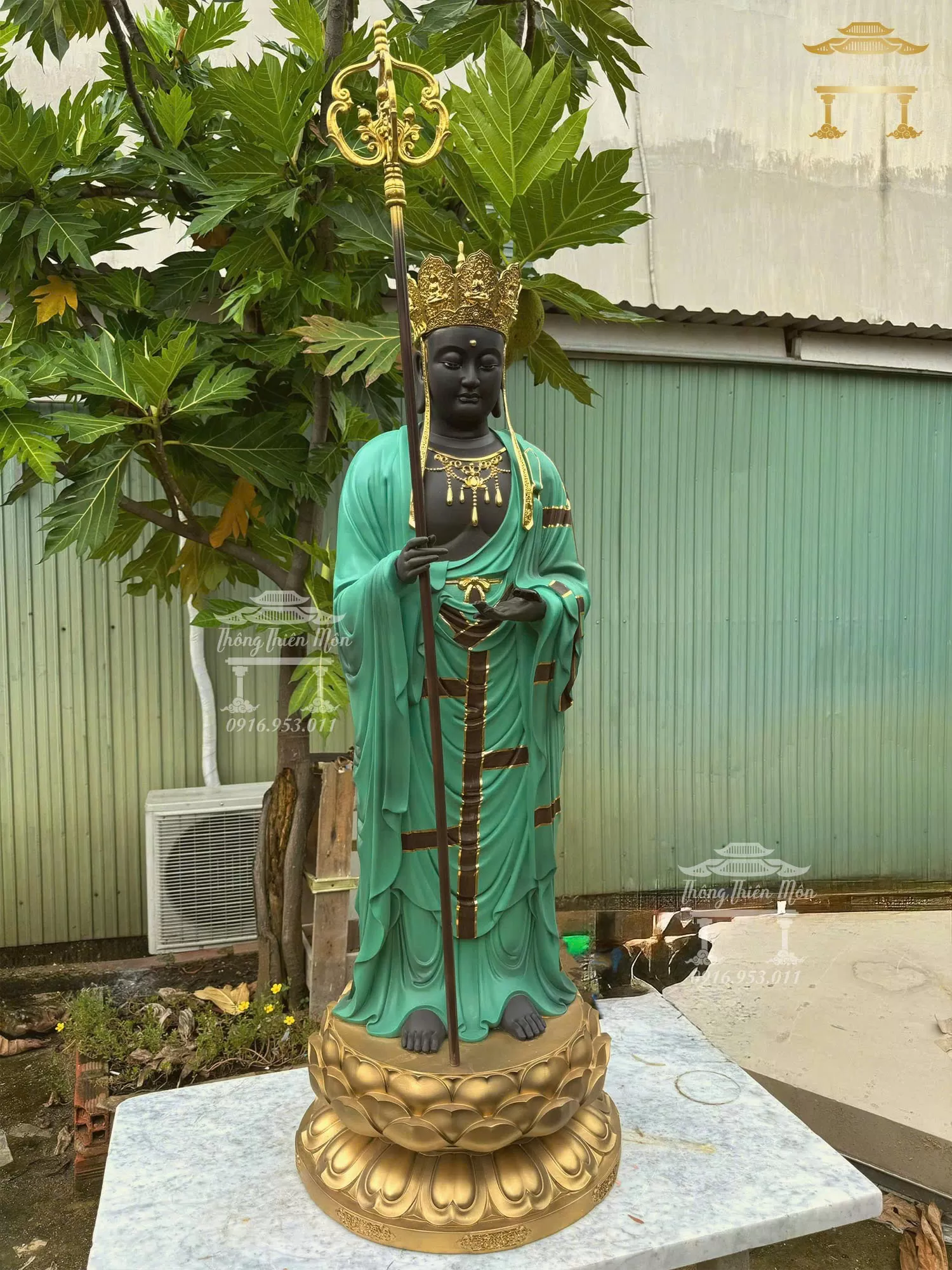 Tượng Địa Tạng Vương Bồ Tát, Kích thước 120cm, Màu xanh
