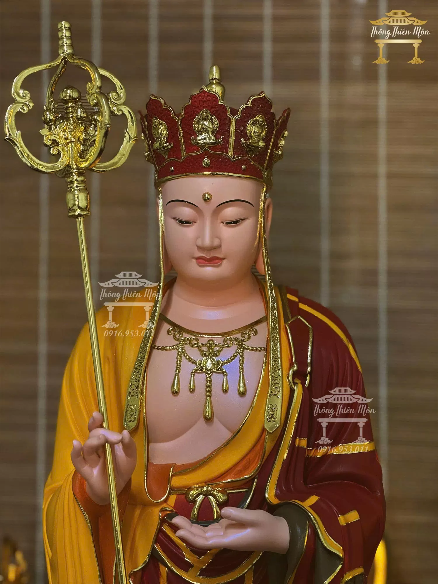 Tôn Tượng Địa Tạng Vương Bồ Tát, Y Phước Điền đỏ vàng, Kích thước 90cm