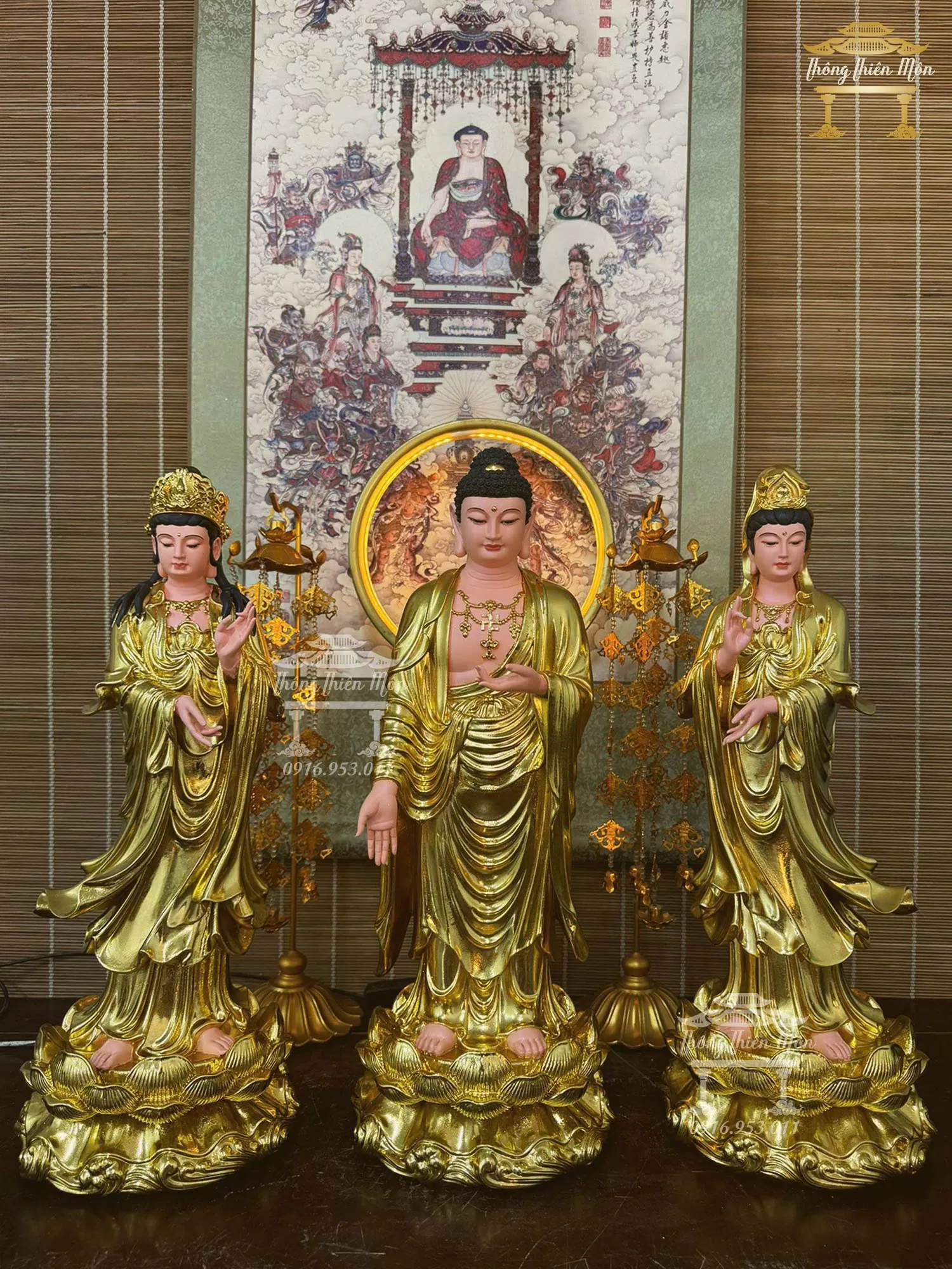 Tôn tượng Tây Phương Tam Thánh, Mạ vàng, Kích thước 50cm