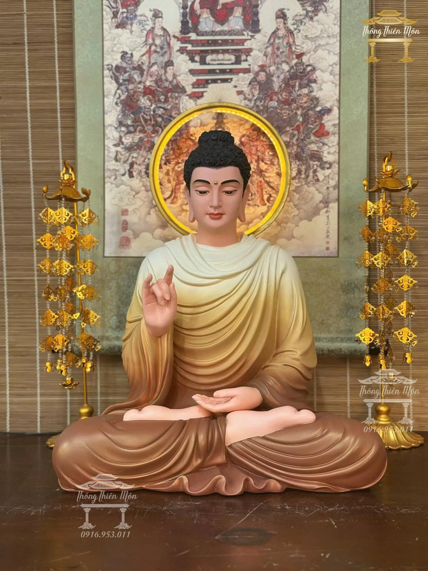 Kim thân Tôn tượng Niêm Hoa Vi Tiếu, Kích thước 60cm, Màu vàng nâu