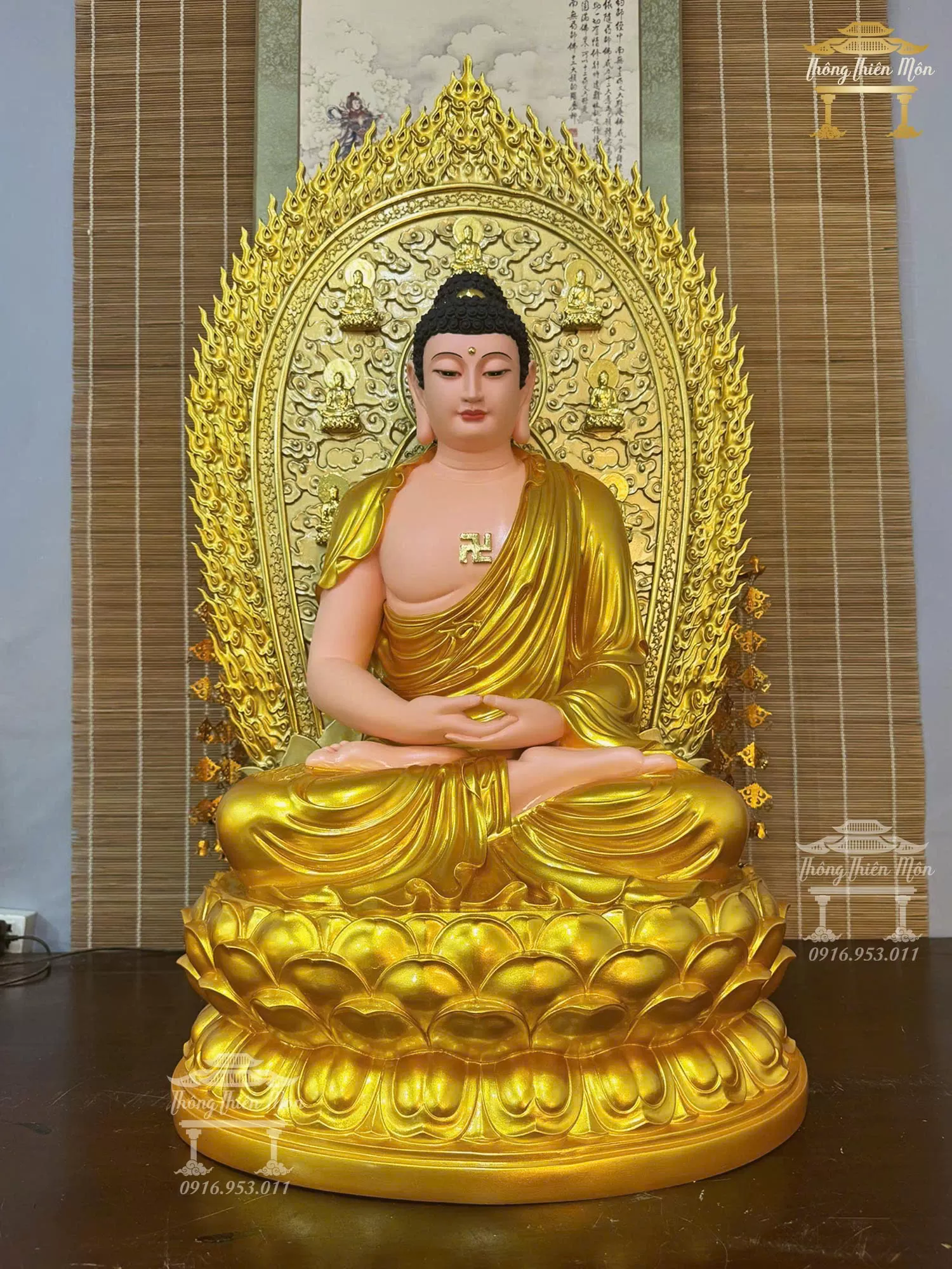 Tôn tượng A Di Đà, Kích thước tổng thể 90cm, Màu nhũ vàng