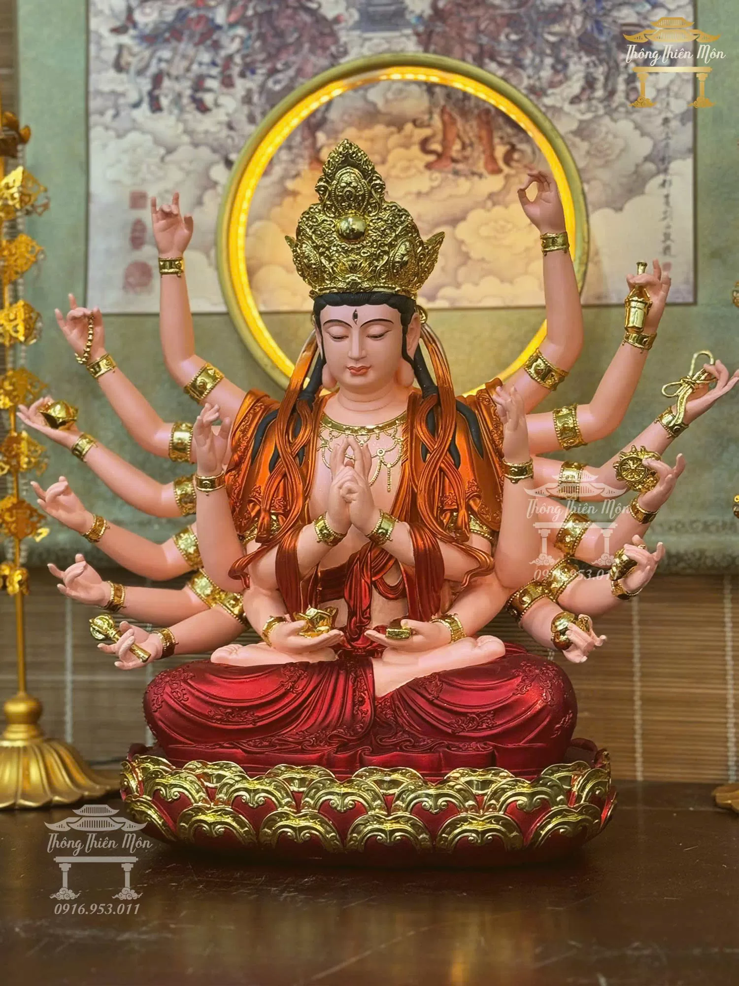 Tôn tượng Phật Mẫu Chuẩn Đề, phối màu đỏ, Kích thước 40cm