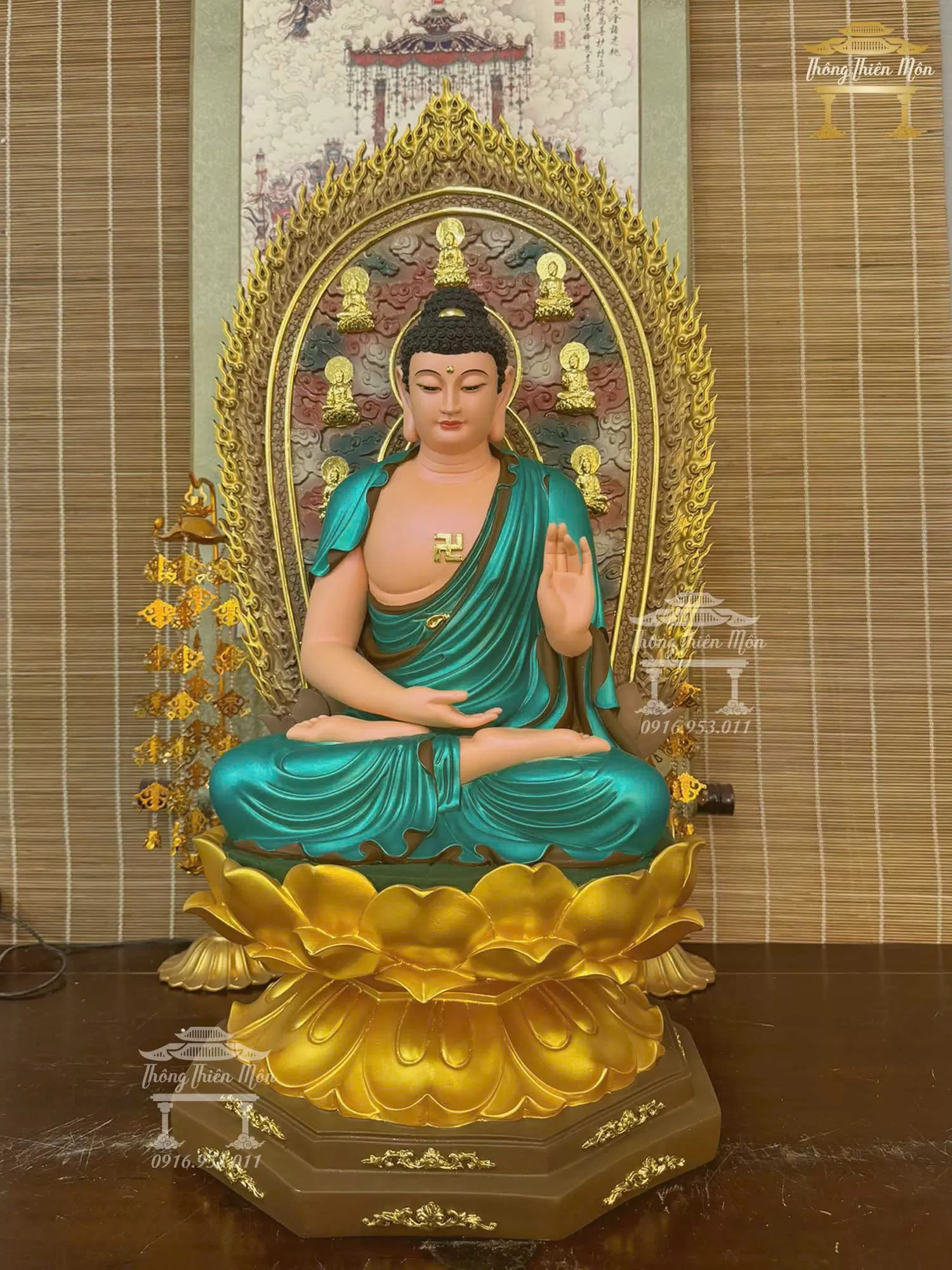 Tôn tượng Thất Phật Dược Sư, Có tấm thân quang, Kích thước 70cm