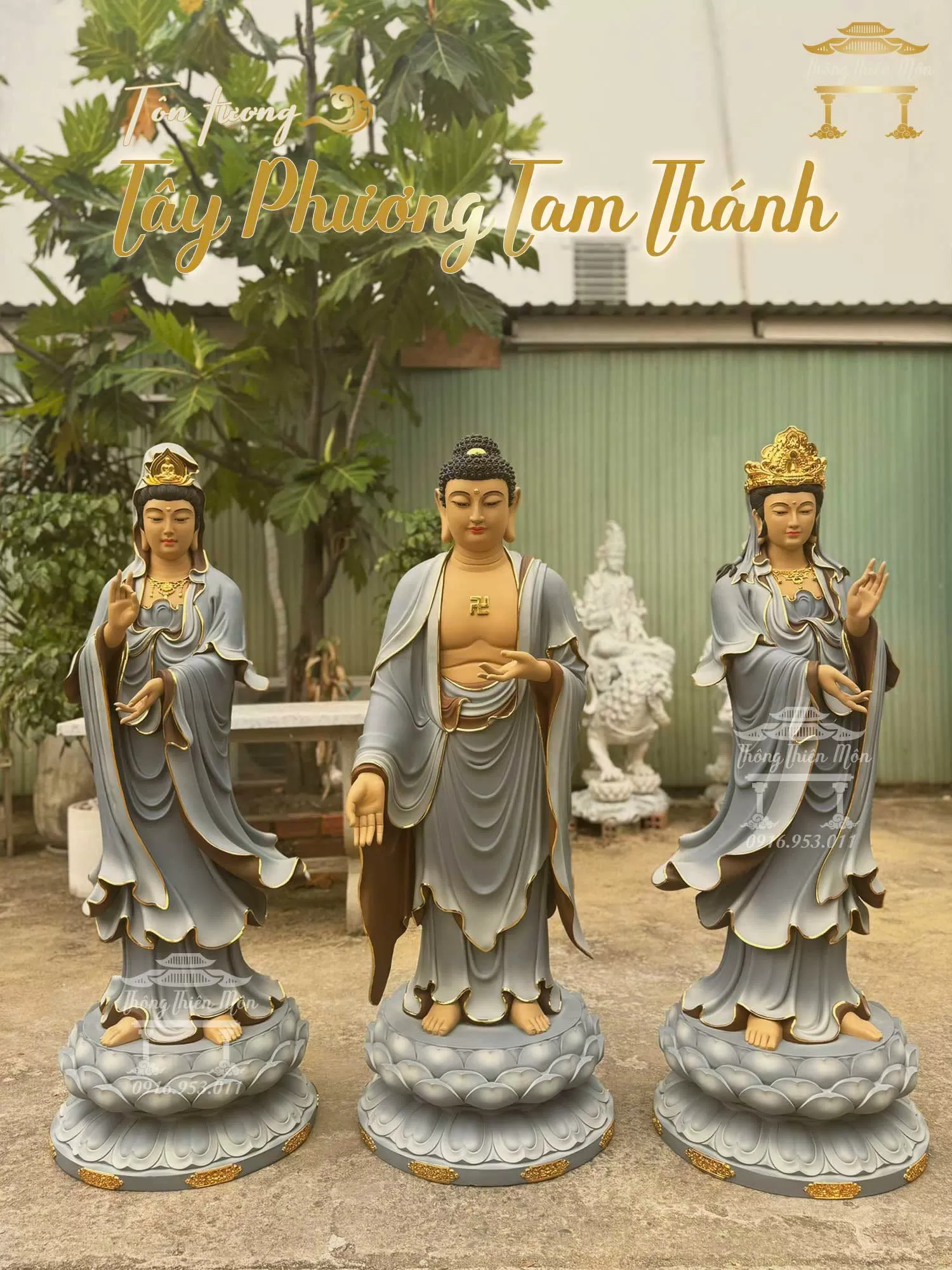 Tôn tượng Tây Phương Tam Thánh, Kích thước 120cm, Sơn khoáng viền vàng