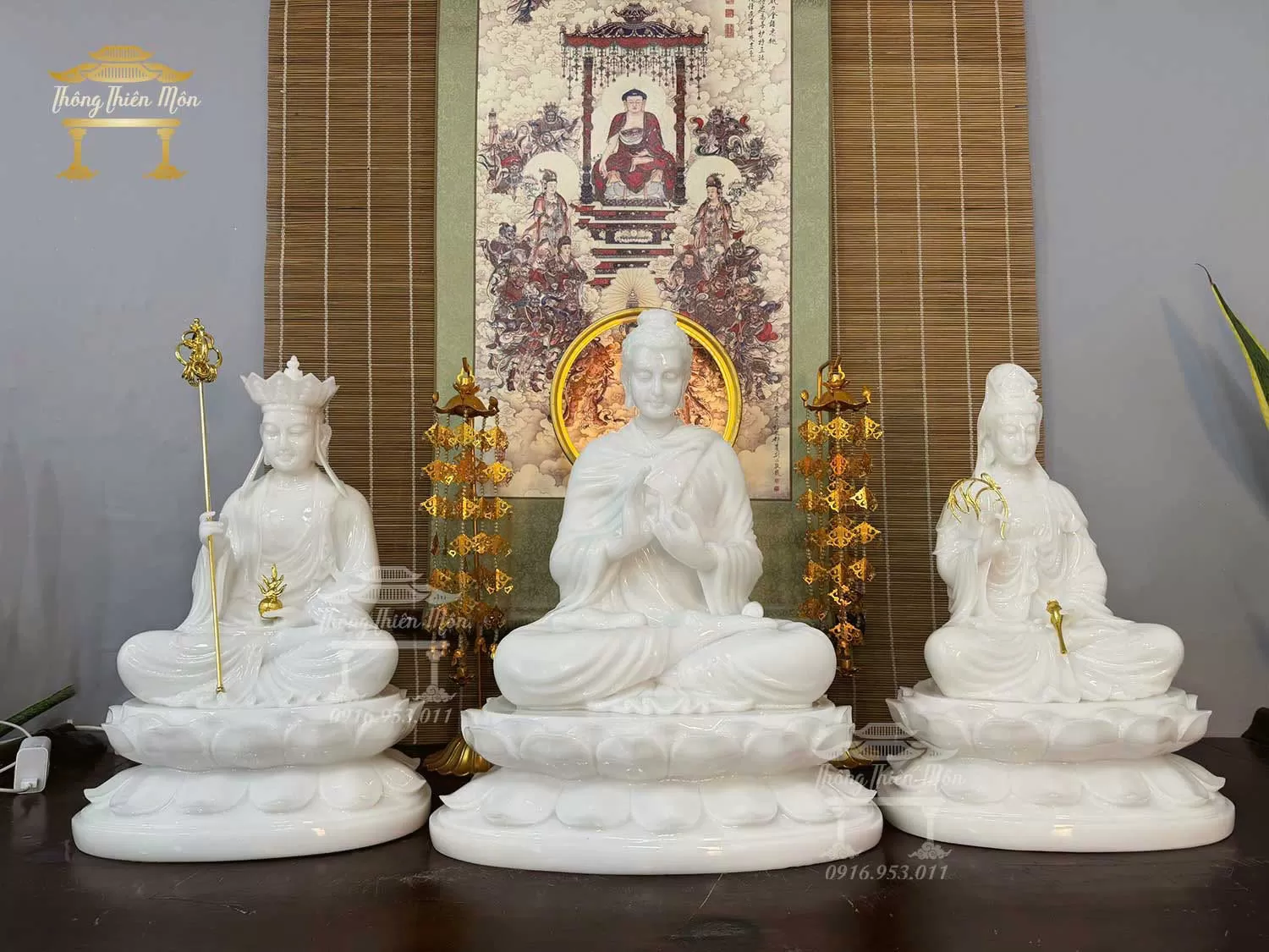 Tôn tượng Ta Bà Tam Thánh, Bột Bạch Ngọc, Kích thước 45-50cm