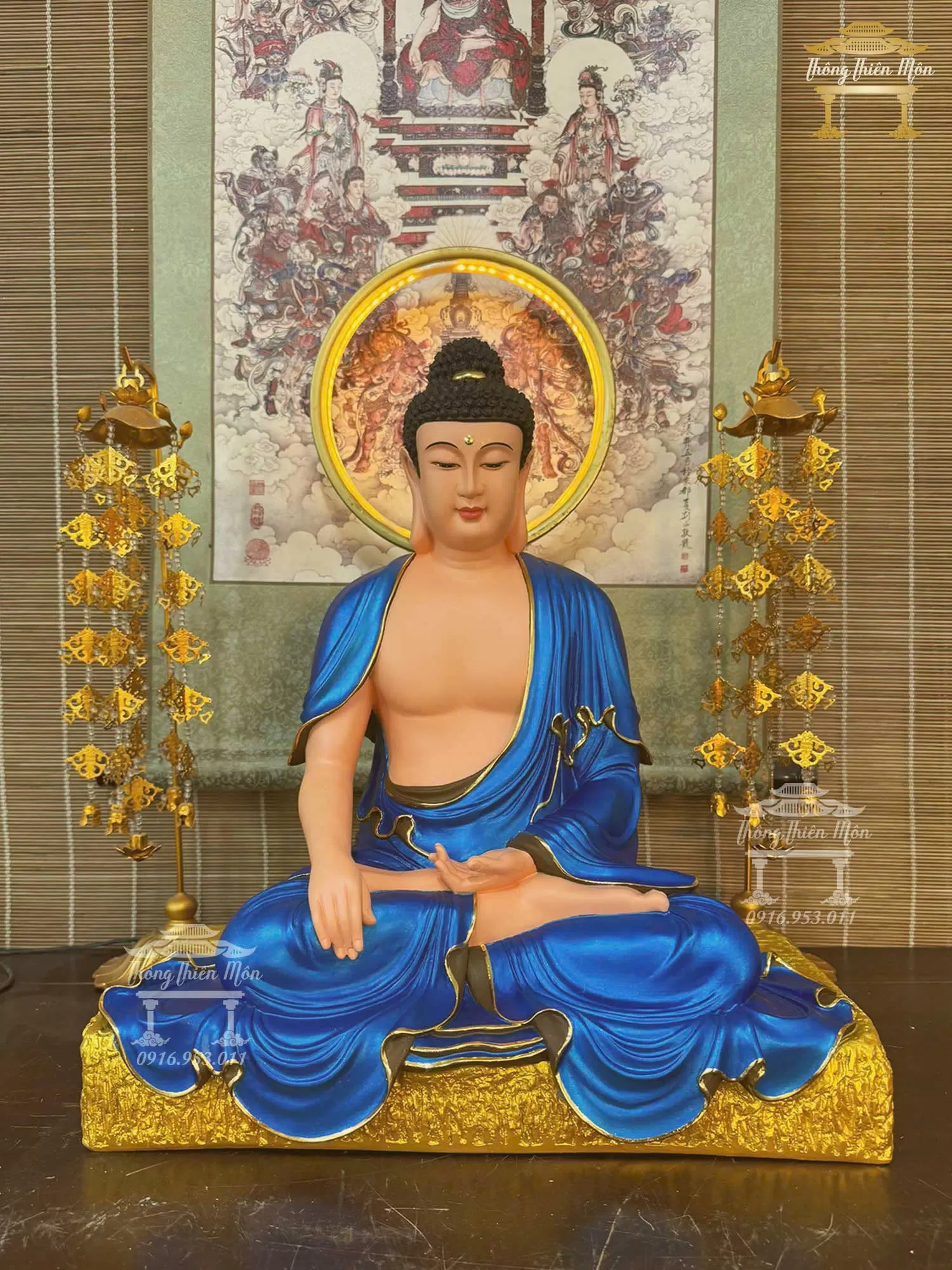 Tôn tượng Dược Sư Lưu Ly ngồi đá, Màu xanh dương, Kích thước 45cm