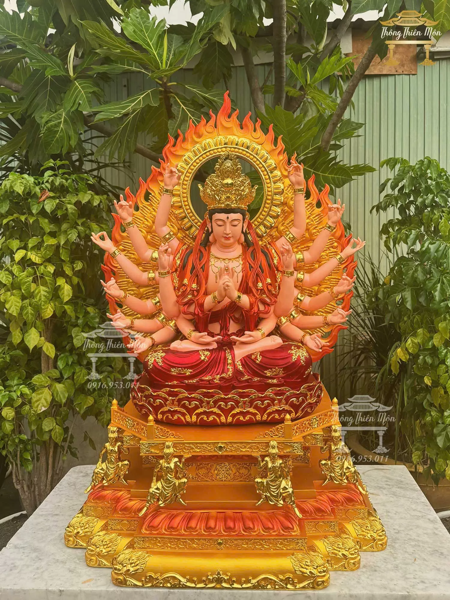 Tượng Phật Mẫu Chuẩn Đề, Kích thước 110cm, Phối màu đỏ