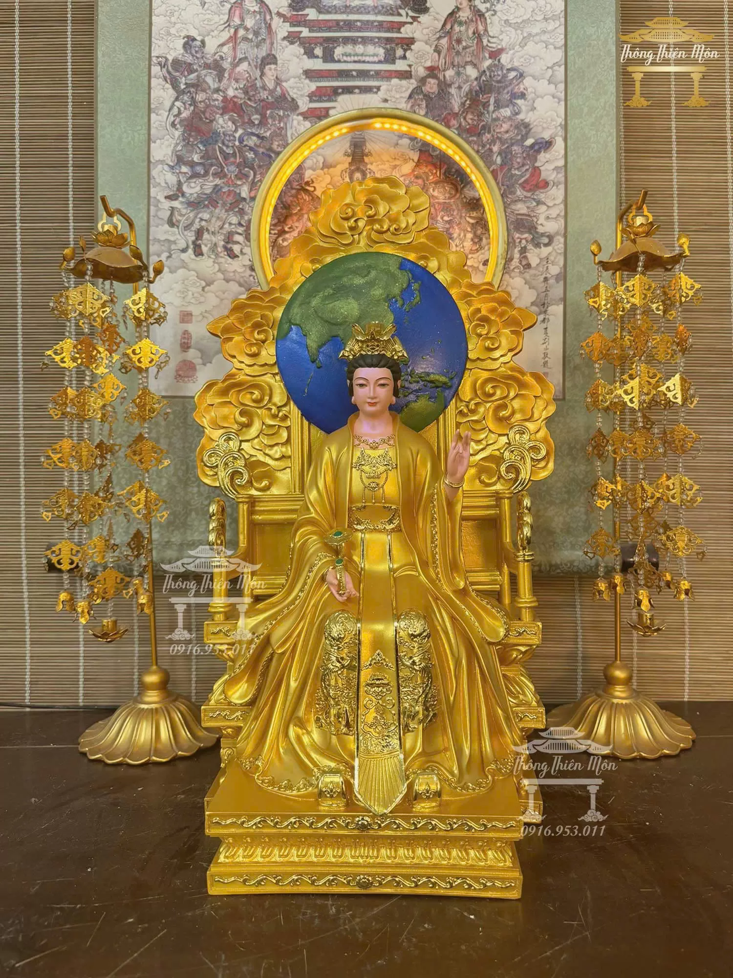 Tôn tượng Địa Mẫu ngồi, Kích thước 50cm, Màu vàng nhũ