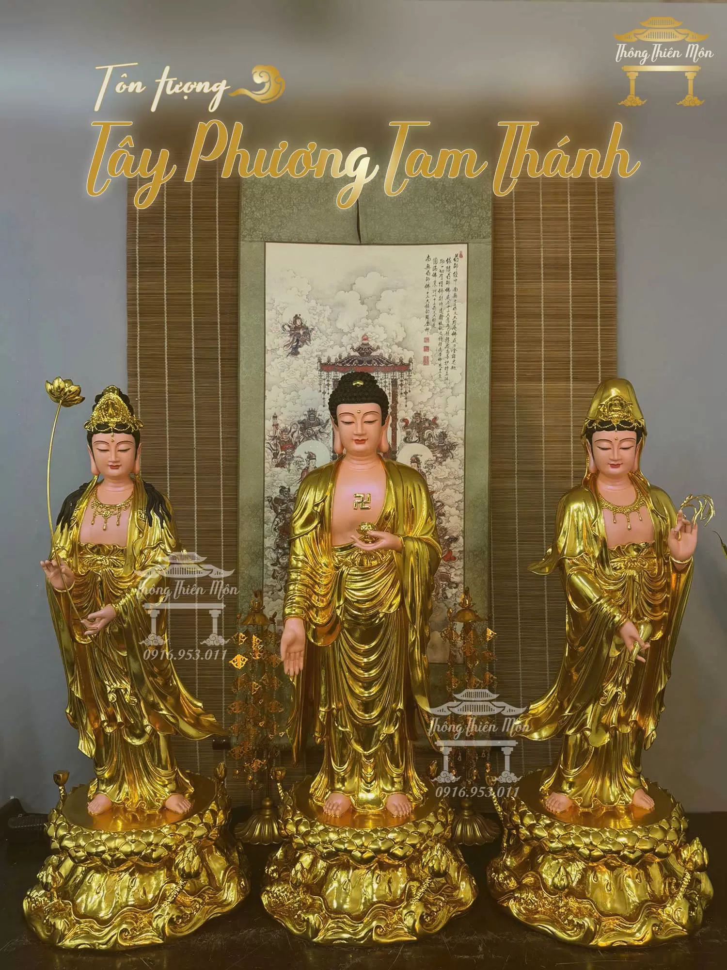 Tôn tượng Tây Phương Tam Thánh, Mạ vàng, Kích thước 90cm