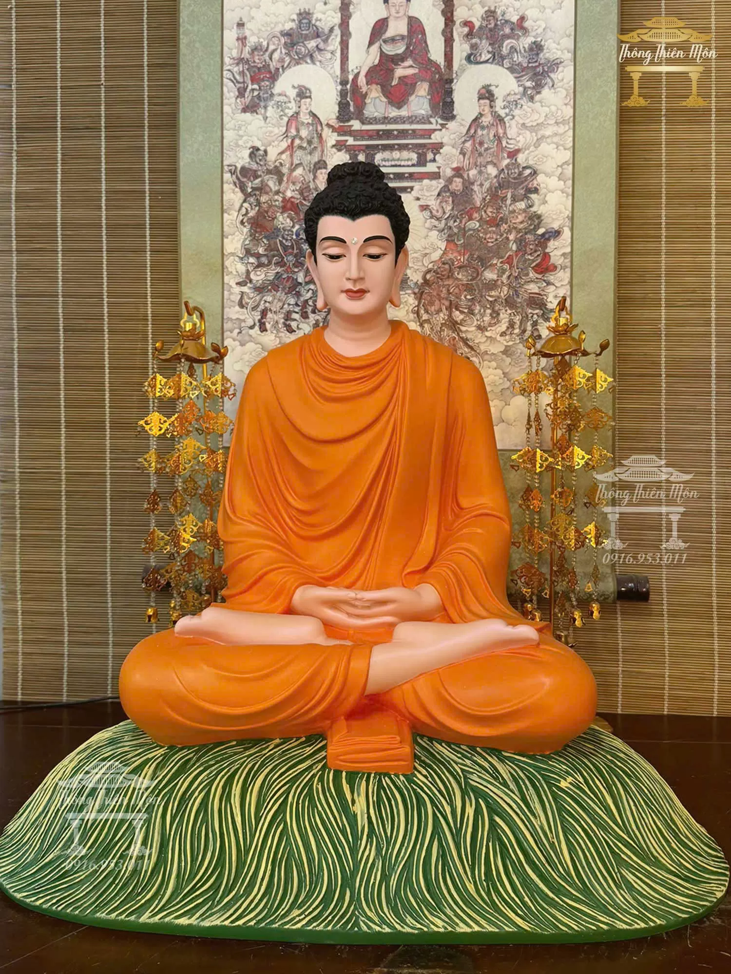 Tôn tượng Bổn Sư Thiền Định, Kích thước 60cm, Y cam tươi, đế rơm xanh