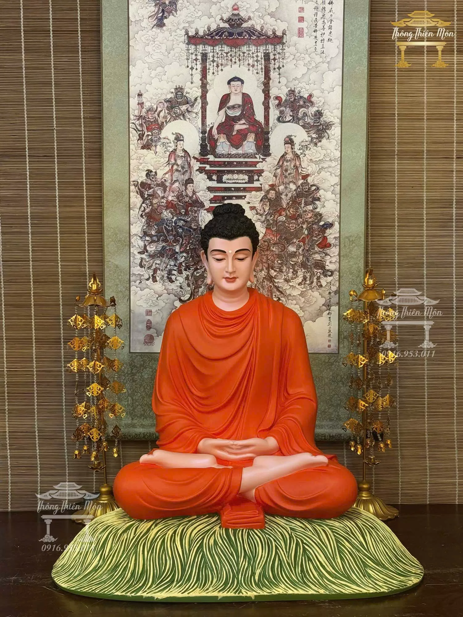 Tôn tượng Bổn Sư Thiền Định, Kích thước 60cm, Y cam đỏ, đế rơm xanh