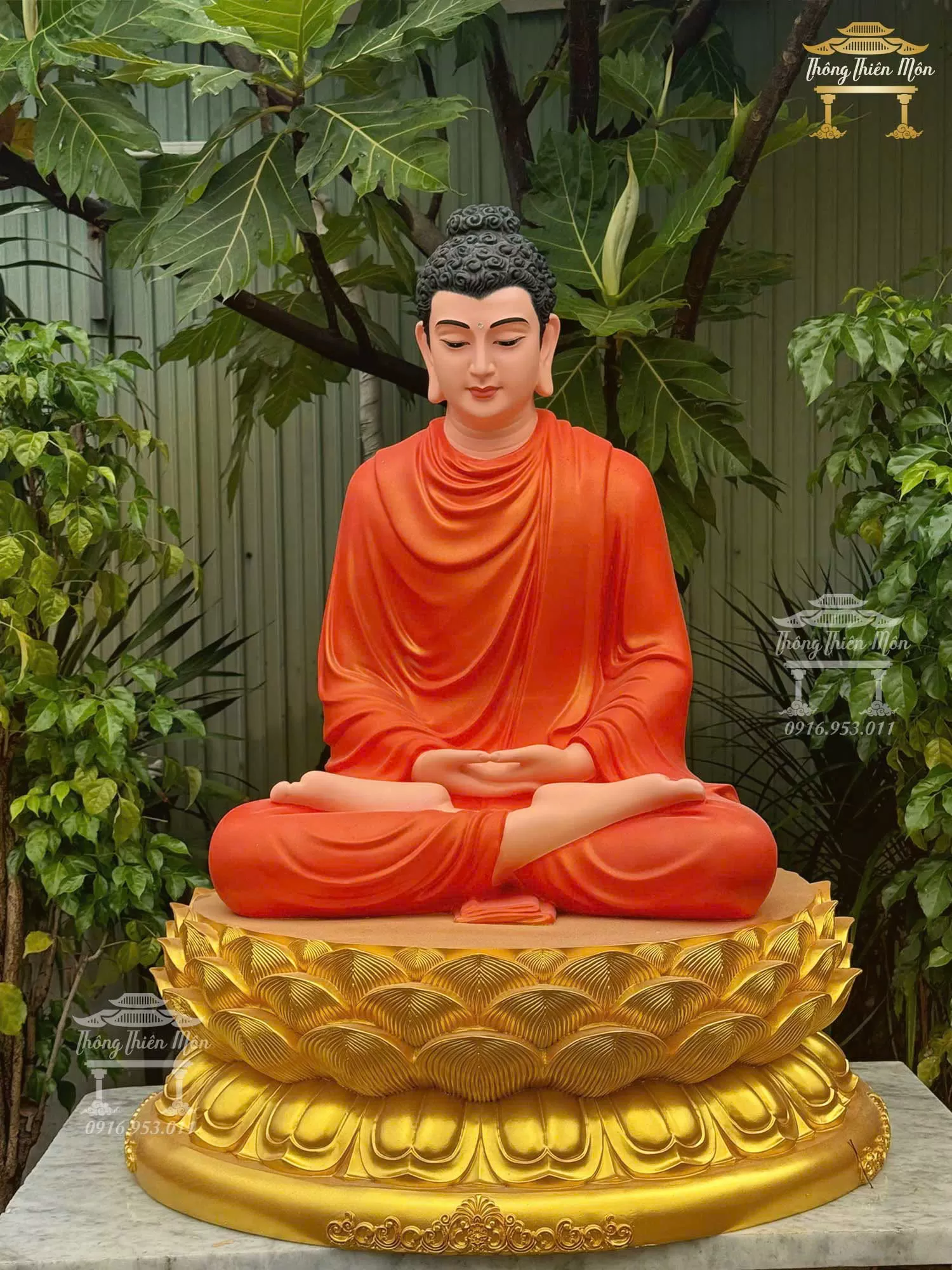 Tôn tượng Bổn Sư Thiền Định, Kích thước 100cm, Y cam tươi, đế sen nhũ vàng