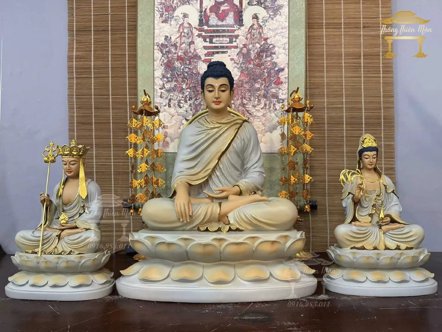 Tôn tượng Ta Bà Tam Thánh, Kích thước 30 - 50 - 30cm, xám tà vàng