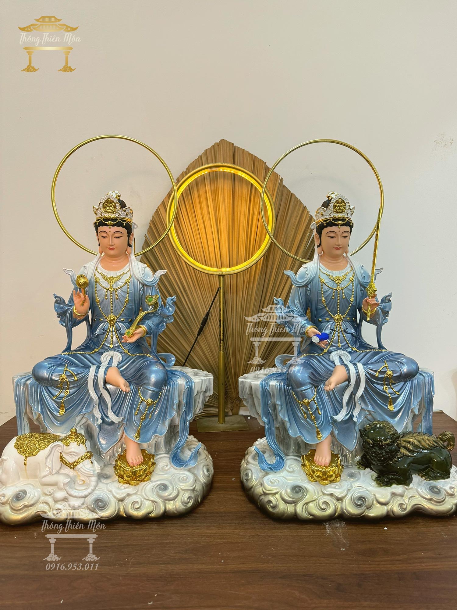 Tượng Văn Thù - Phổ Hiền Bồ Tát, Kích thước 48cm, Phối màu xanh