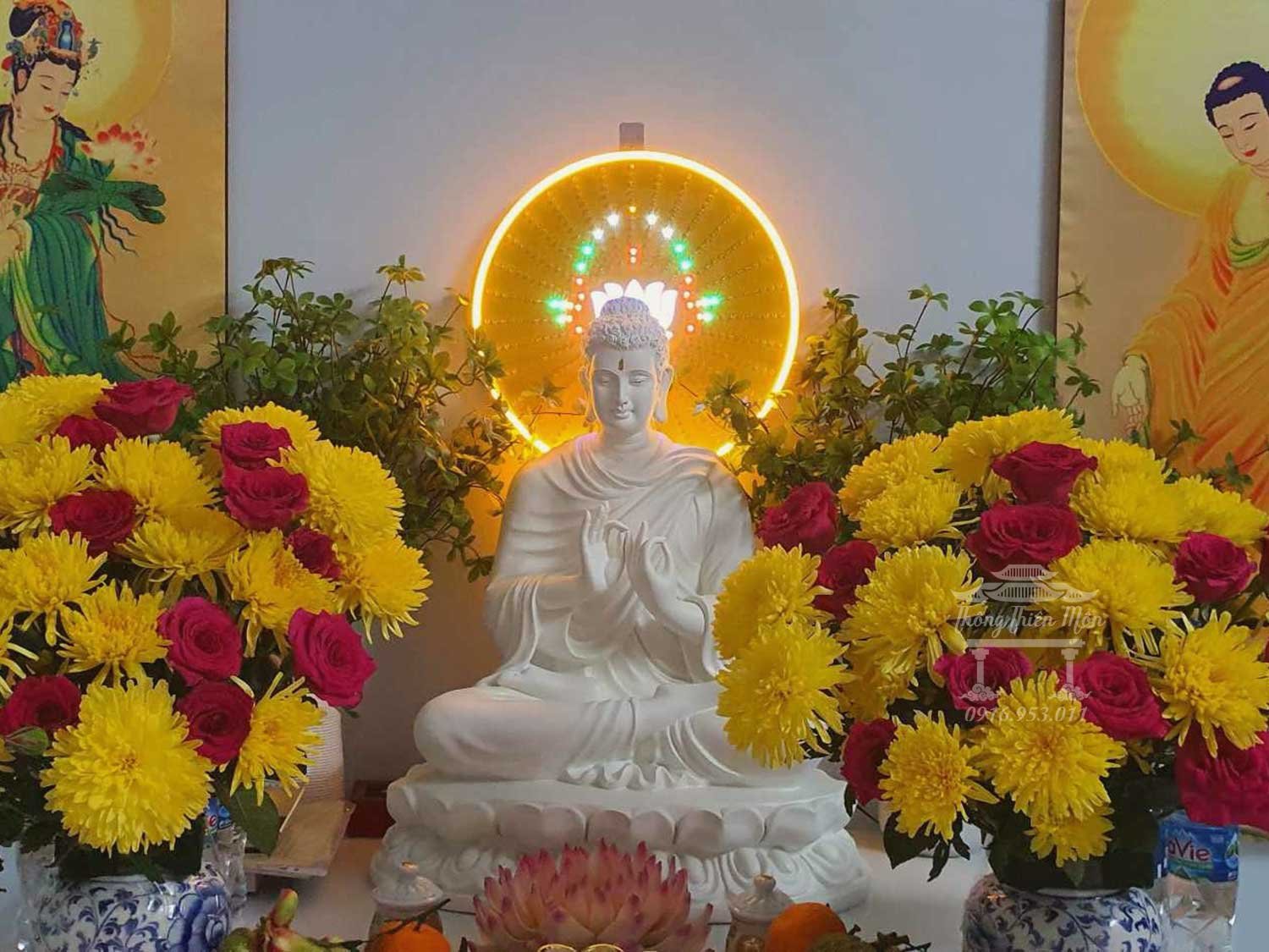 Tượng Bổn Sư Thích Ca Ấn Chuyển Pháp Luân, màu trắng full, kích thước 70cm