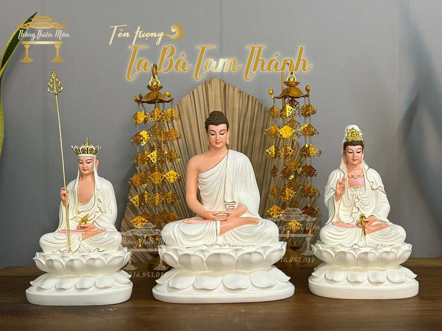Tượng Ta Bà Tam Thánh - Kích thước 30cm - Sơn trắng, viền vàng, vẽ diện