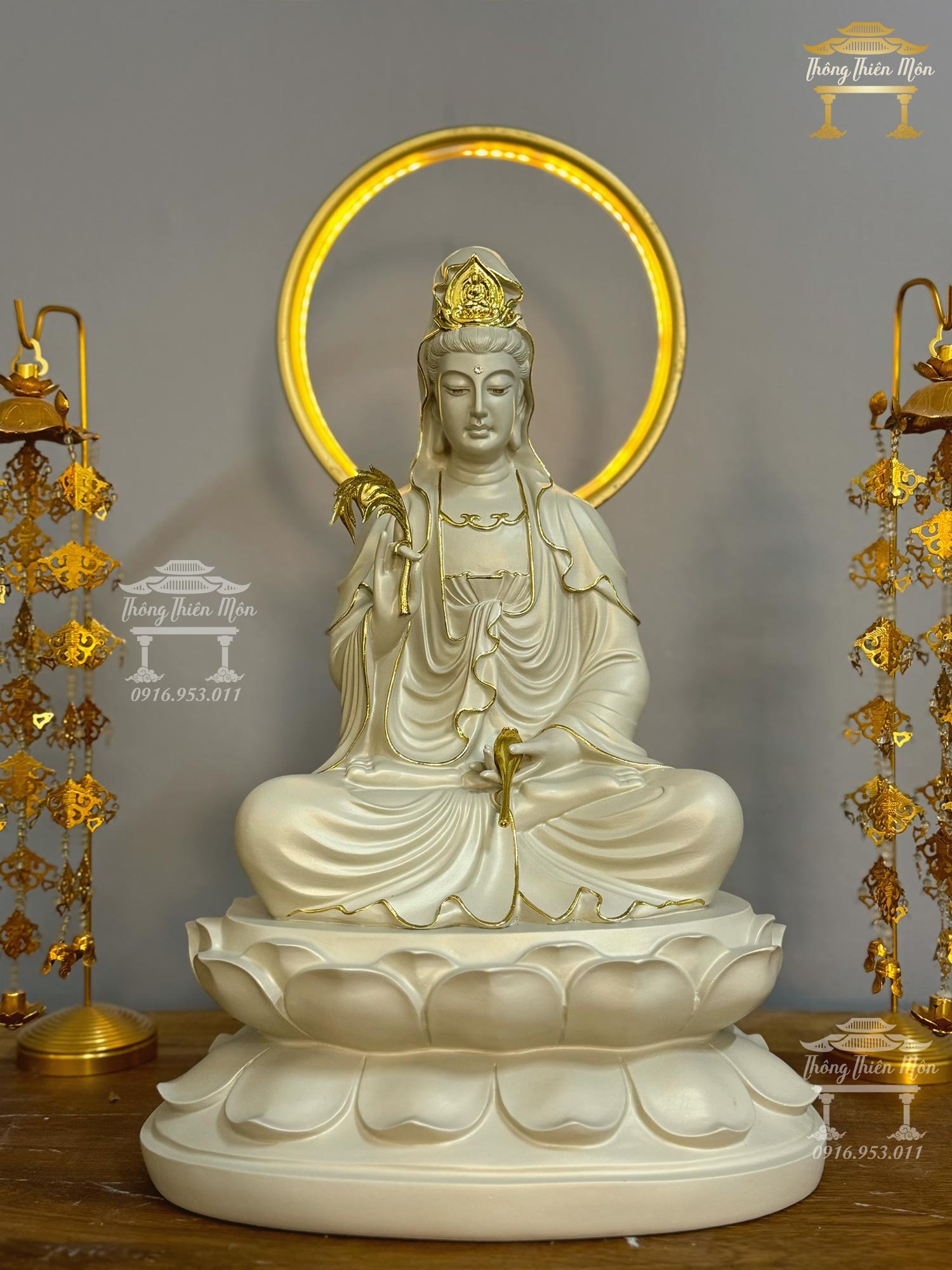 Tôn tượng Quan Âm, Kích thước 45cm, Sơn xám, Viền vàng