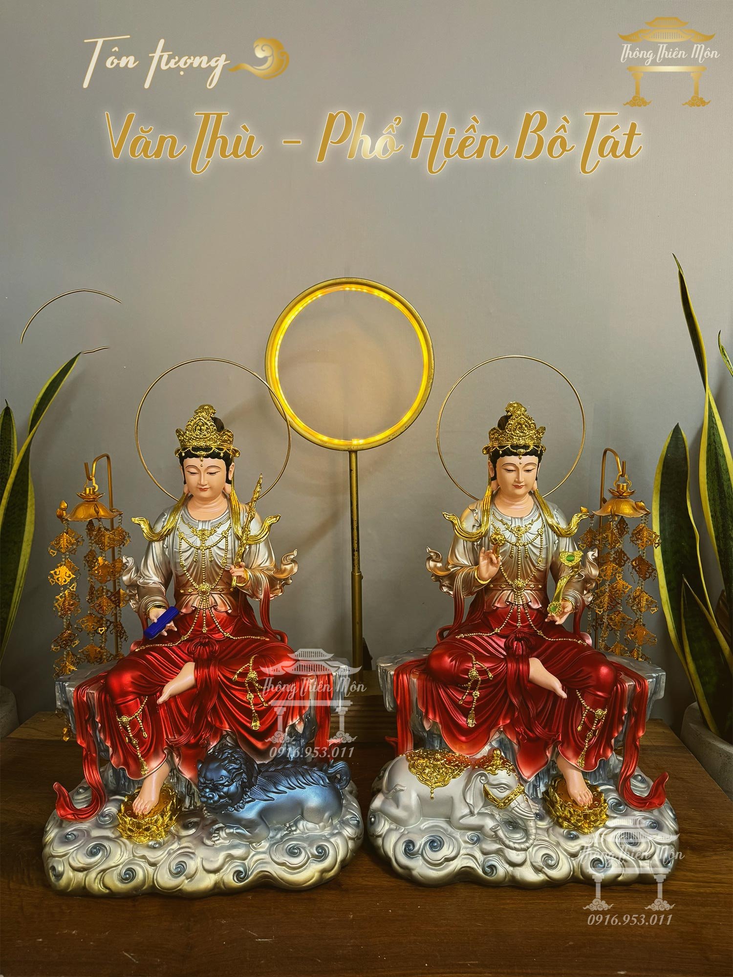 Tượng Văn Thù - Phổ Hiền Bồ Tát, Kích thước 48cm, Phối màu Đỏ