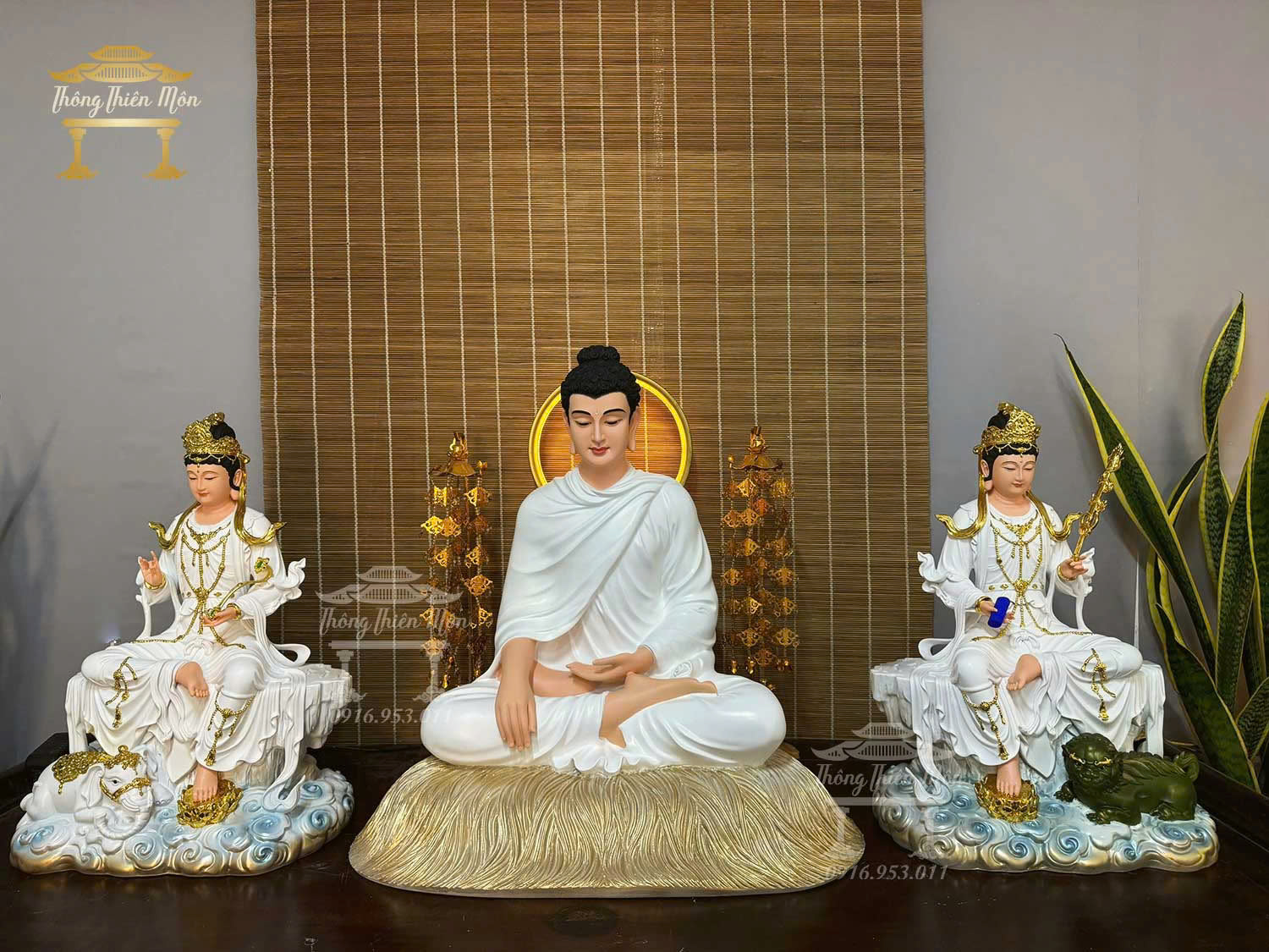 Tôn tượng Hoa Nghiêm Tam Thánh, Kích thước 48-60-48cm, Màu trắng