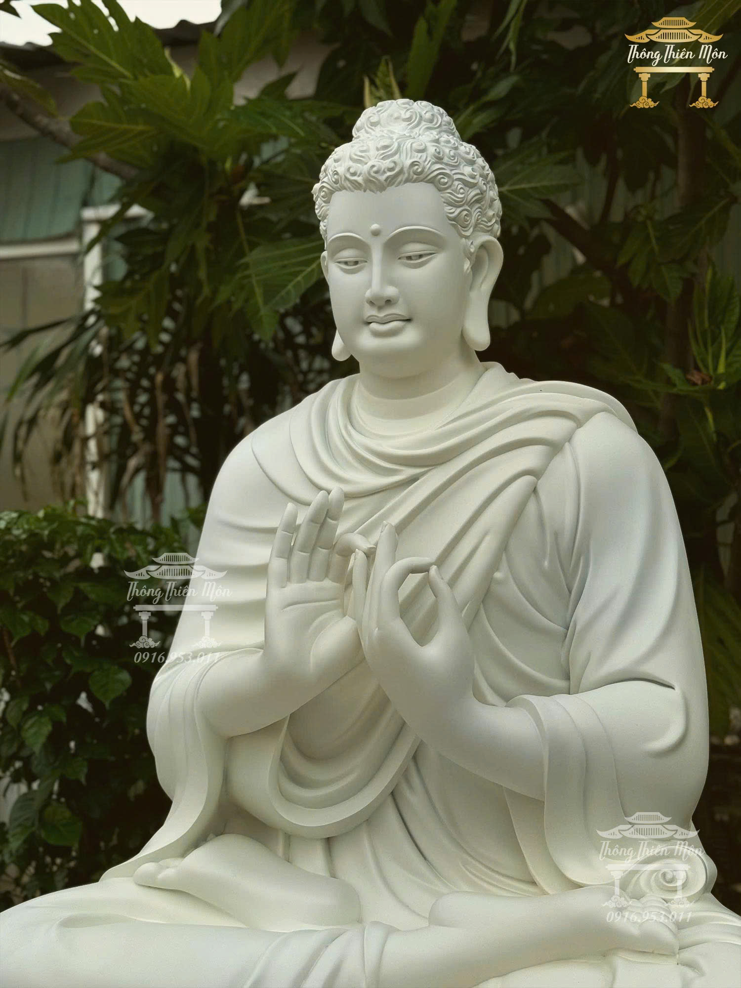 Tượng Bổn Sư Thích Ca Ấn Chuyển Pháp Luân, Kích thước 120cm, Màu trắng toàn bộ