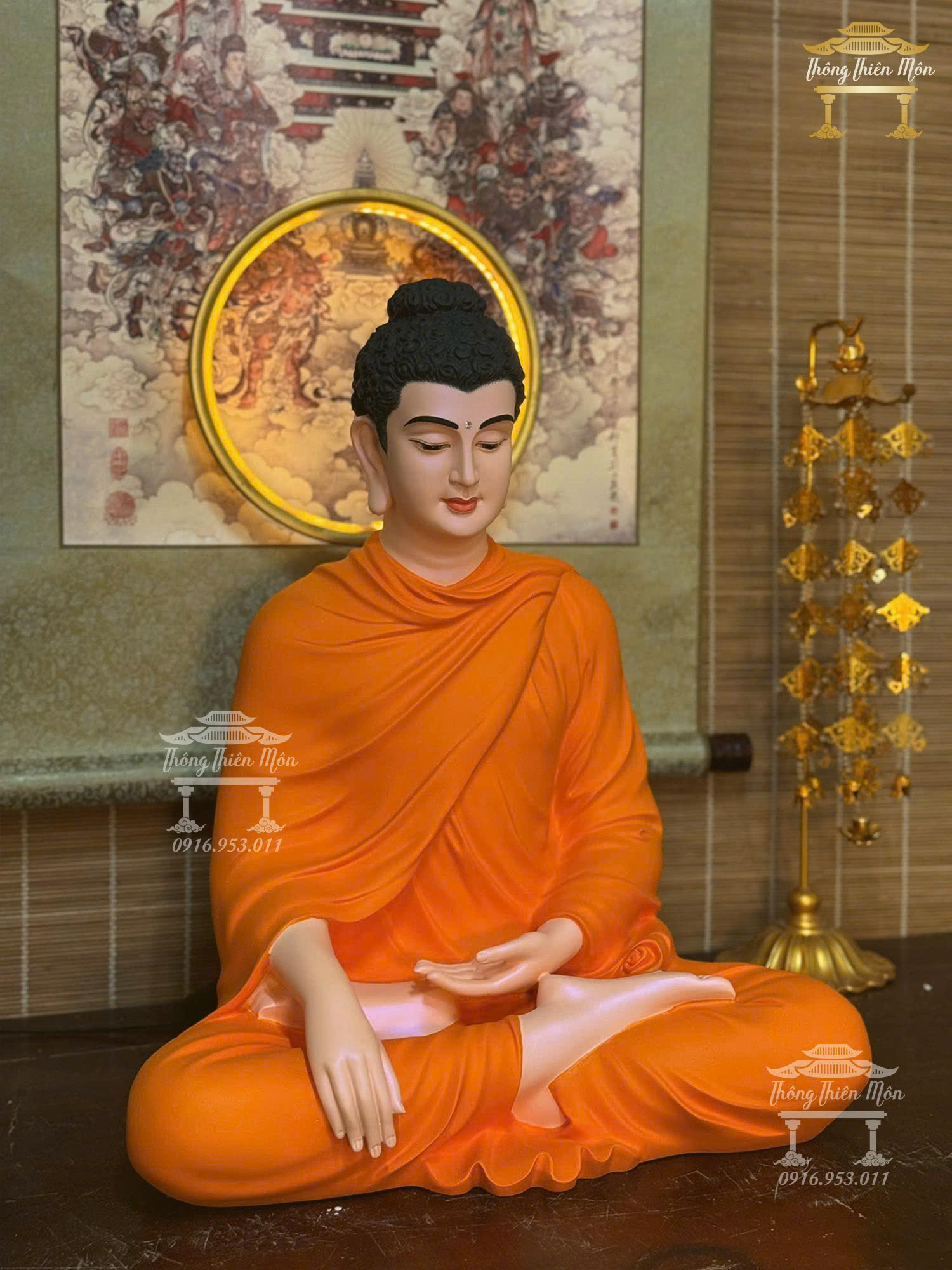 Kim thân (không đế) tôn tượng Bổn Sư Thích Ca Ấn Địa Xúc, Kích thước 52cm, Màu cam tươi