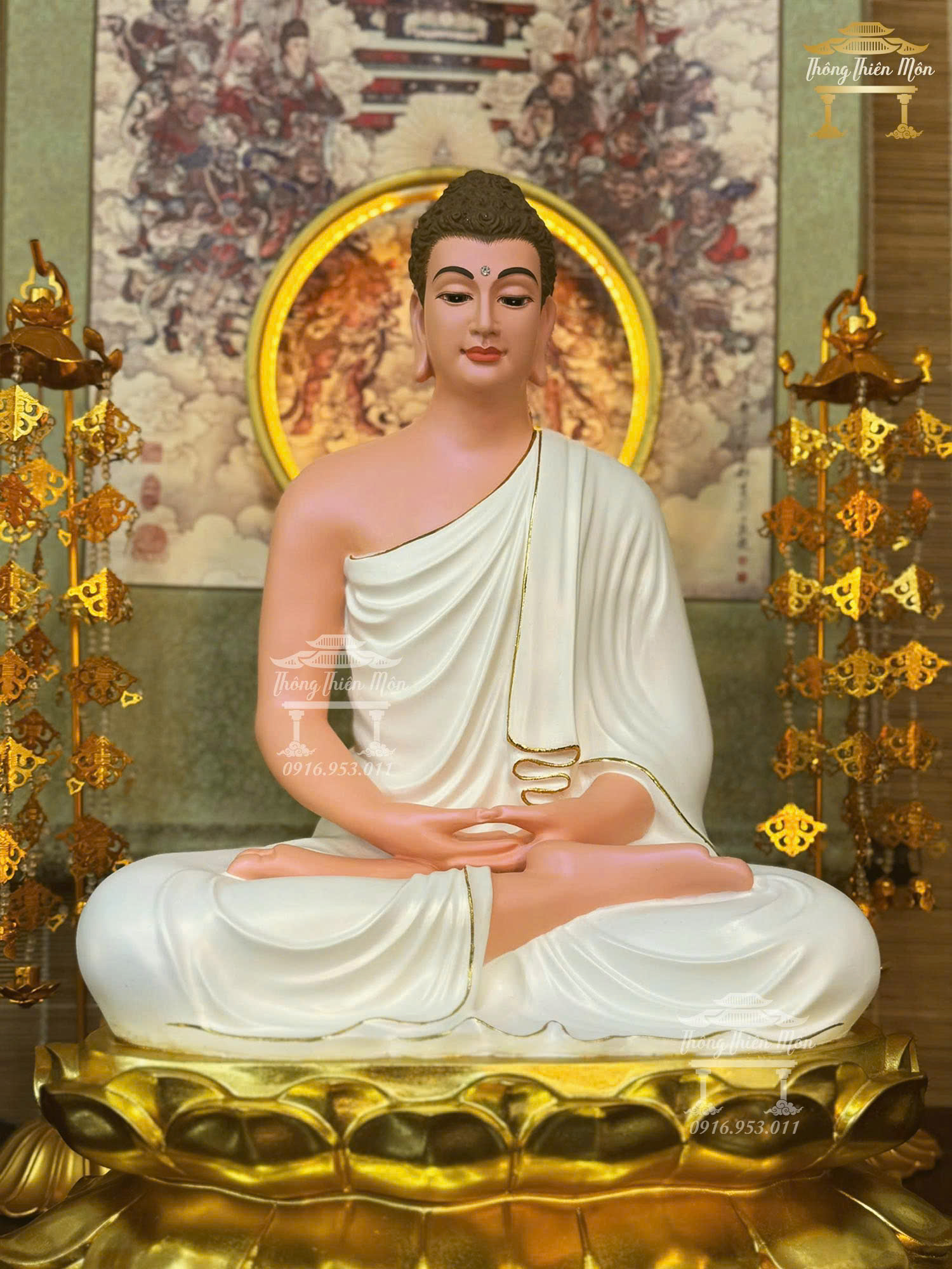 Tôn tượng Bổn Sư Thiền Định, Kích thước 50cm, Y trắng viền vàng, đế sen mạ vàng