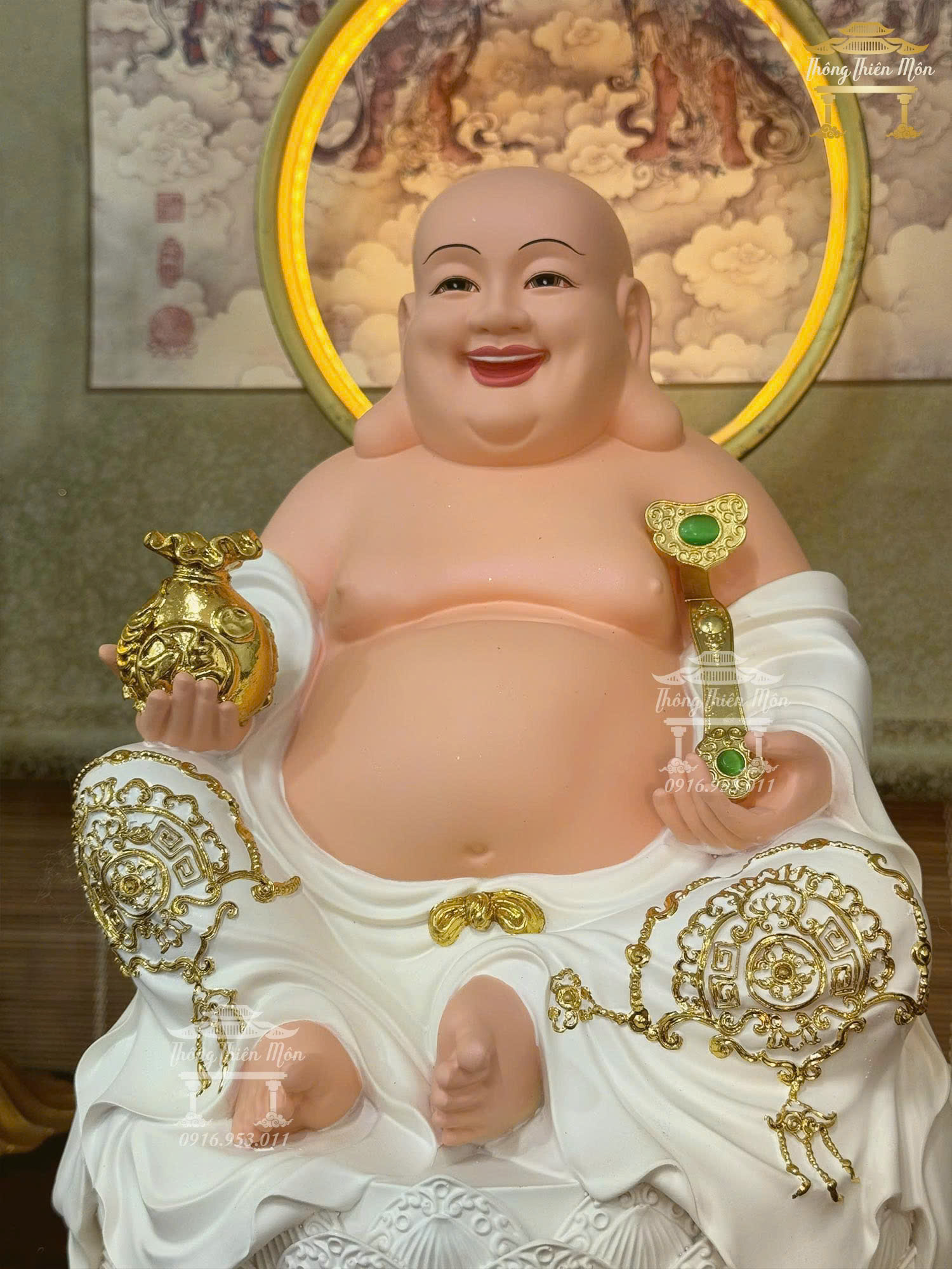 Tôn Tượng Di Lạc Bồ Tát - Kích thước 40cm - màu trắng viền vàng