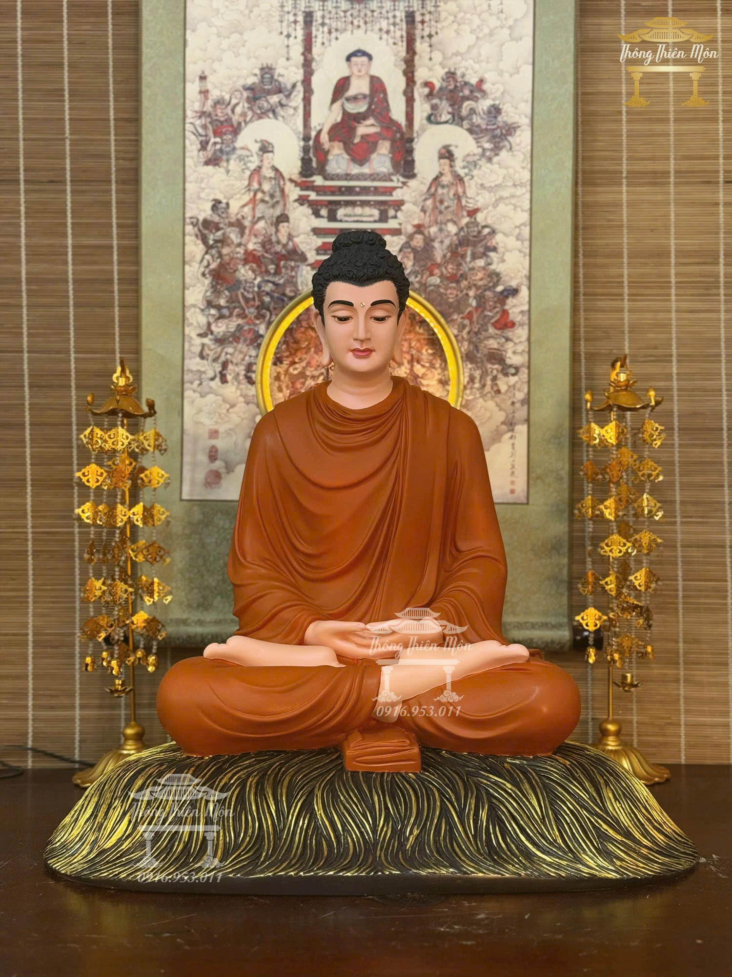 Tôn tượng Bổn Sư Thiền Định, Kích thước 60cm, Y màu gạch đỏ, đế nâu đồng
