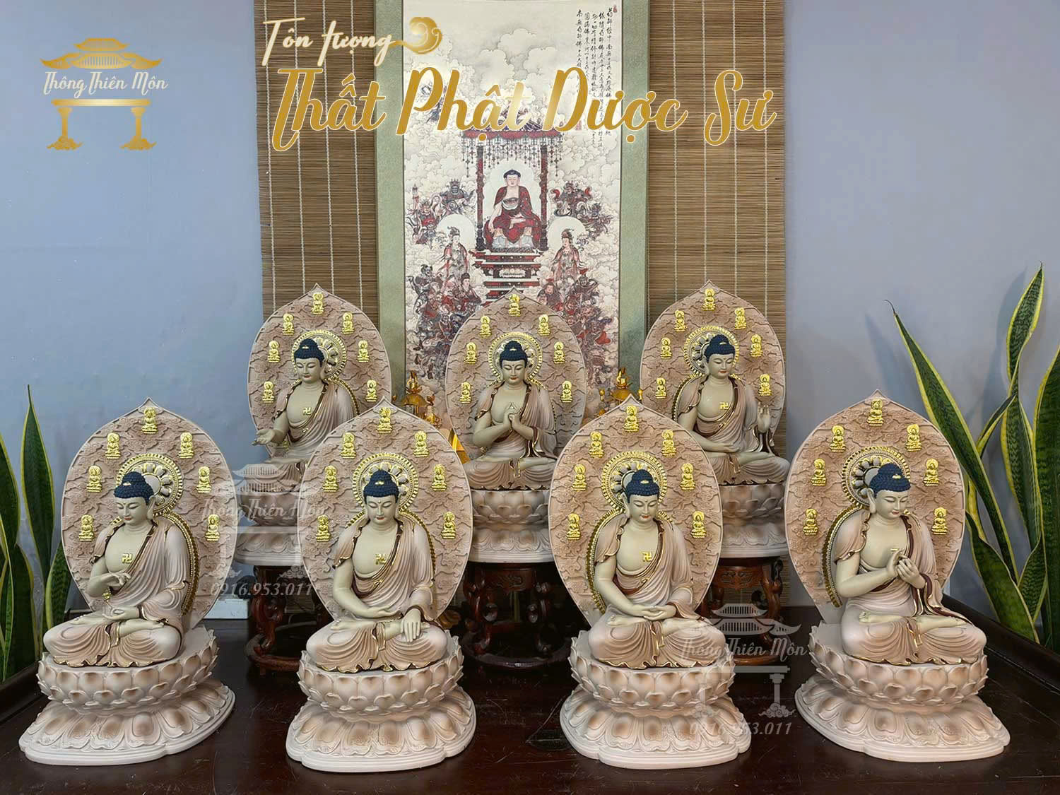 Tôn tượng Thất Phật Dược Sư, Kích thước 45cm, sơn khoáng viền vàng