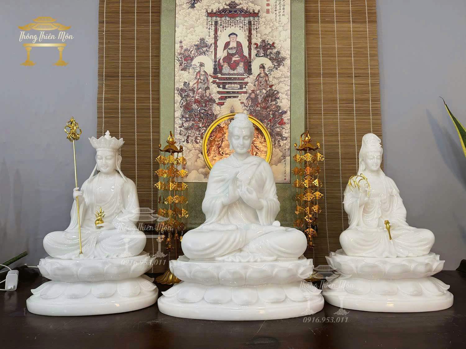 Tôn tượng Ta Bà Tam Thánh, Bột Bạch Ngọc, Kích thước 45-50cm