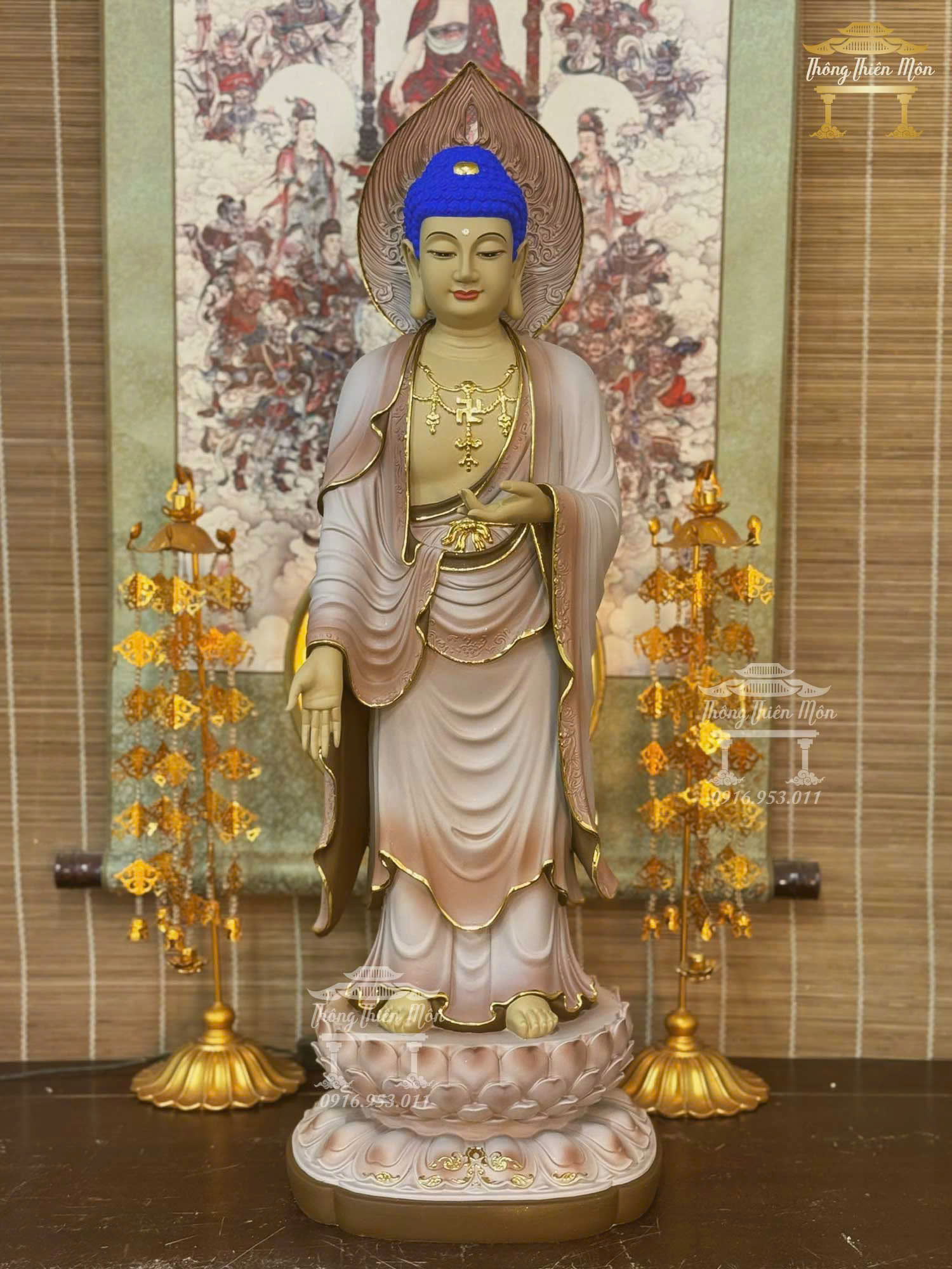 Tôn tượng A Di Đà, Kích thước 70cm, Sơn khoáng nâu