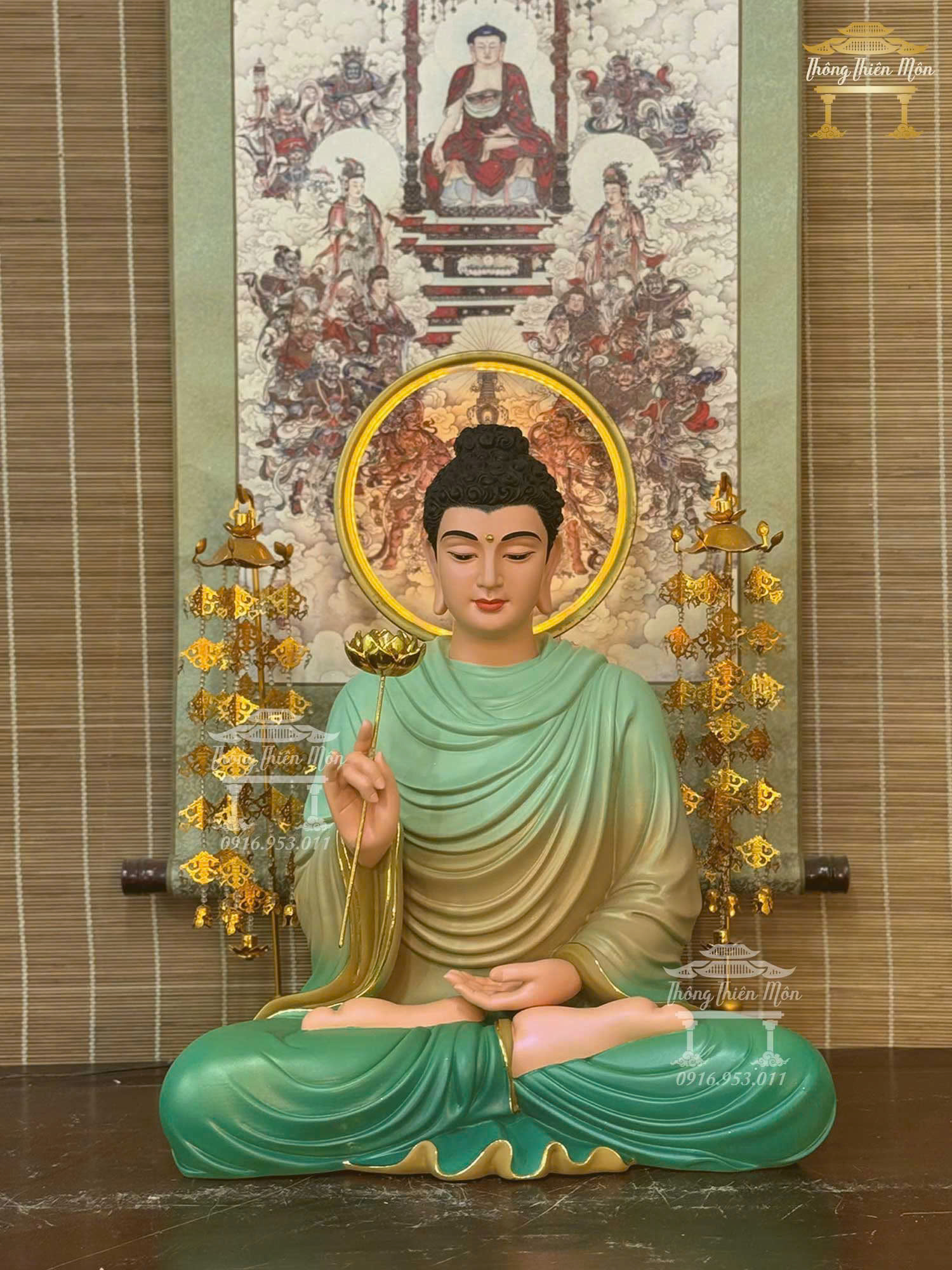 Tôn tượng Niêm Hoa Vi Tiếu Mạ Vàng, Kích thước 50cm, Phối xanh
