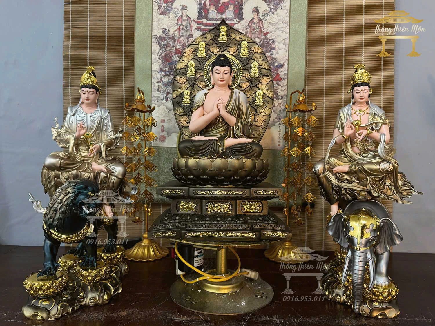 Tôn tượng Hoa Ngiêm Tam Thánh, Kích thước 50cm, Phối màu nâu