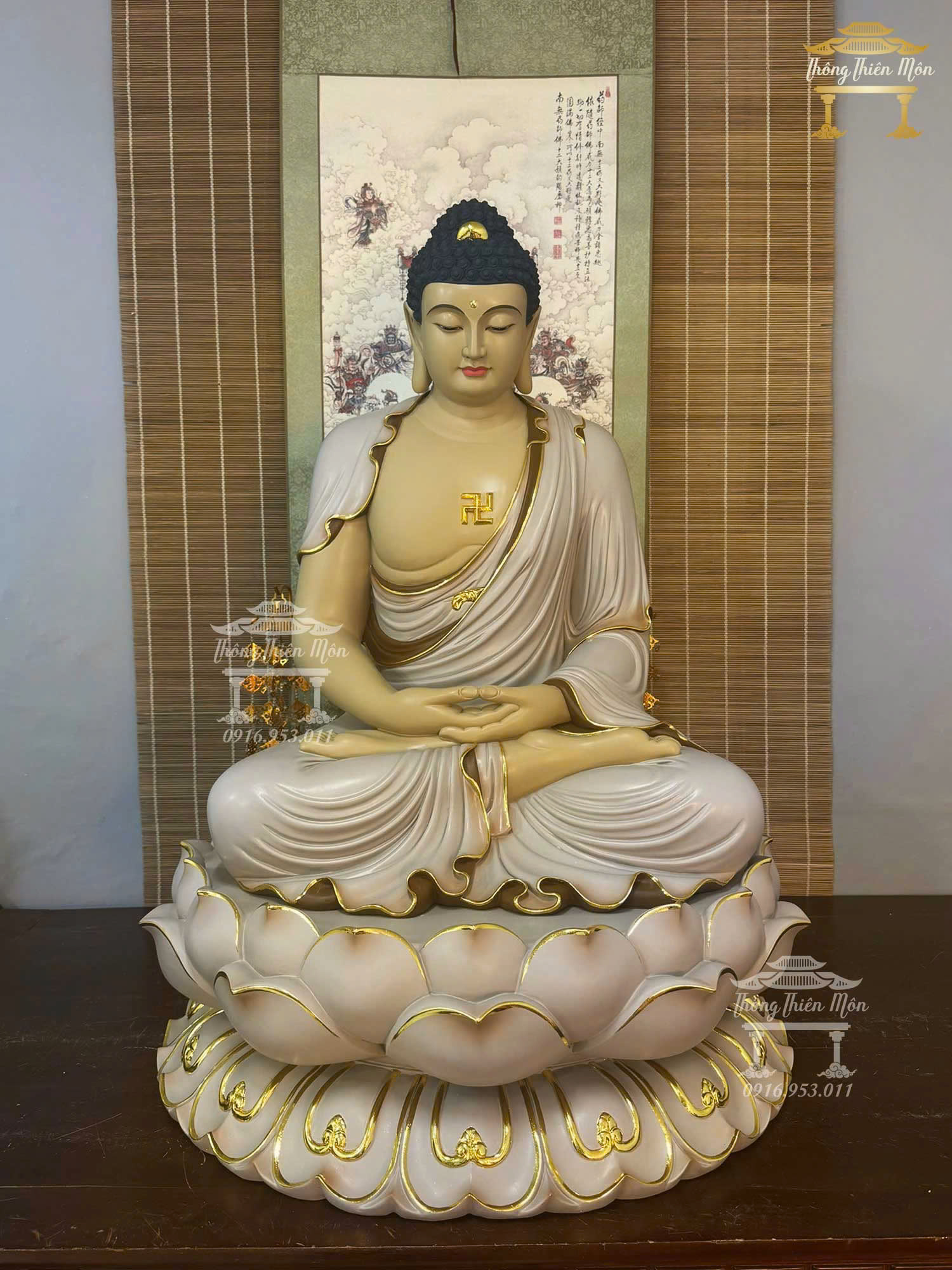 Tôn tượng A Di Đà, Kích thước 90cm, Sơn khoáng viền vàng