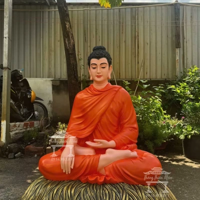 Tôn tượng Bổn Sư Ấn Địa Xúc, Kích thước 85cm, Y cam tươi, đế rơm nâu đồng