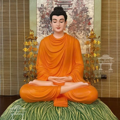 Tôn tượng Bổn Sư Thiền Định, Kích thước 60cm, Y cam tươi, đế rơm xanh