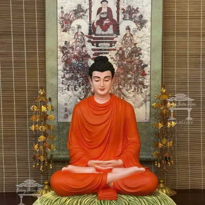 Tôn tượng Bổn Sư Thiền Định, Kích thước 60cm, Y cam đỏ, đế rơm xanh