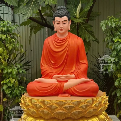 Tôn tượng Bổn Sư Thiền Định, Kích thước 100cm, Y cam tươi, đế sen nhũ vàng