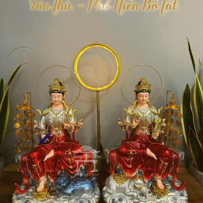 Tượng Văn Thù - Phổ Hiền Bồ Tát, Kích thước 48cm, Phối màu Đỏ