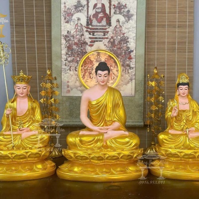 Tôn tượng Ta Bà Tam Thánh, Kích thước 45-50cm, Màu nhũ vàng