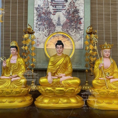 Tôn tượng Ta Bà Tam Thánh, Màu nhũ vàng, Kích thước 30 - 32 - 30cm 