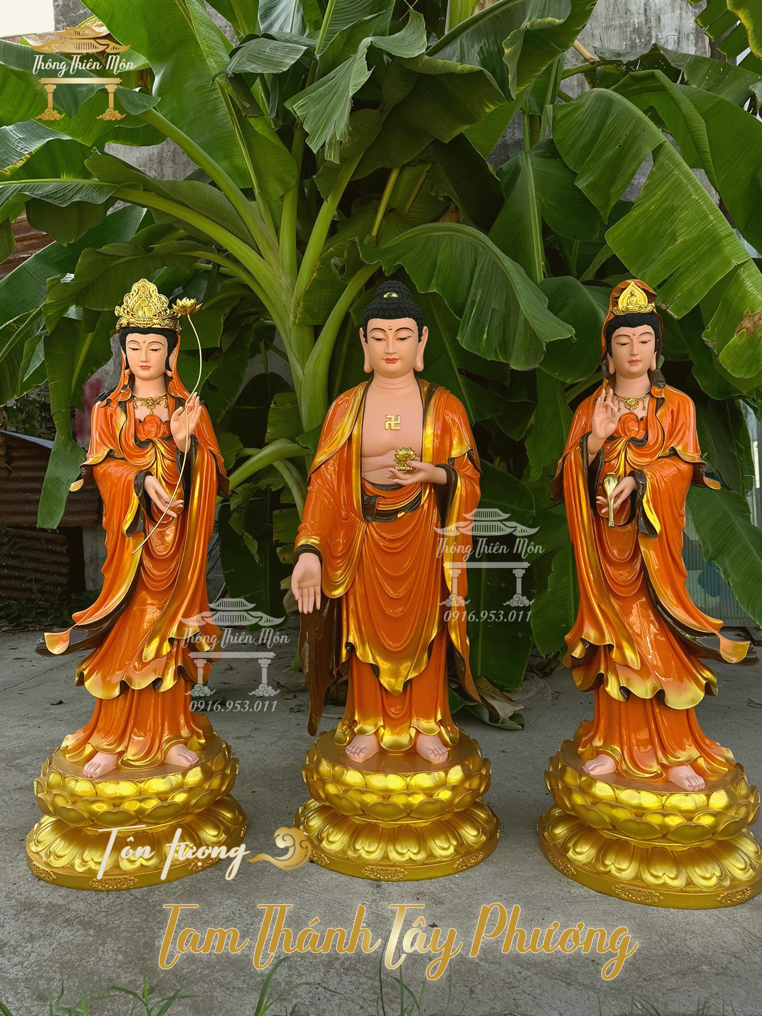 Tượng Tây Phương Tam Thánh, Kích thước 120cm, Sơn khoáng cam