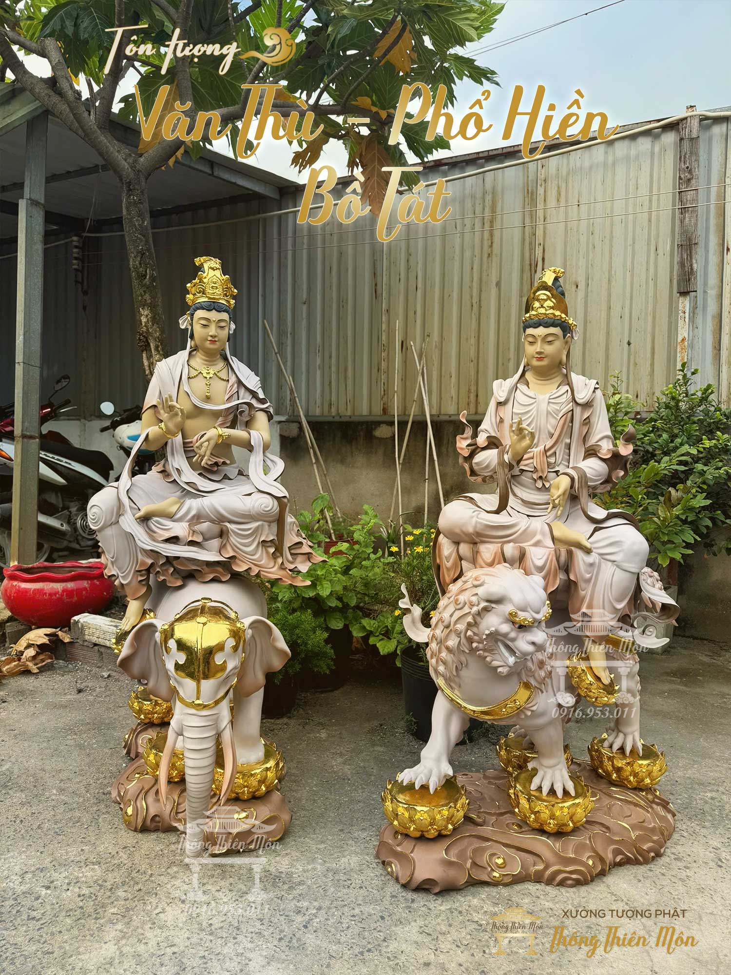 Tượng Văn Thù - Phổ Hiền Bồ Tát, Màu khoáng, Kích thước 140cm